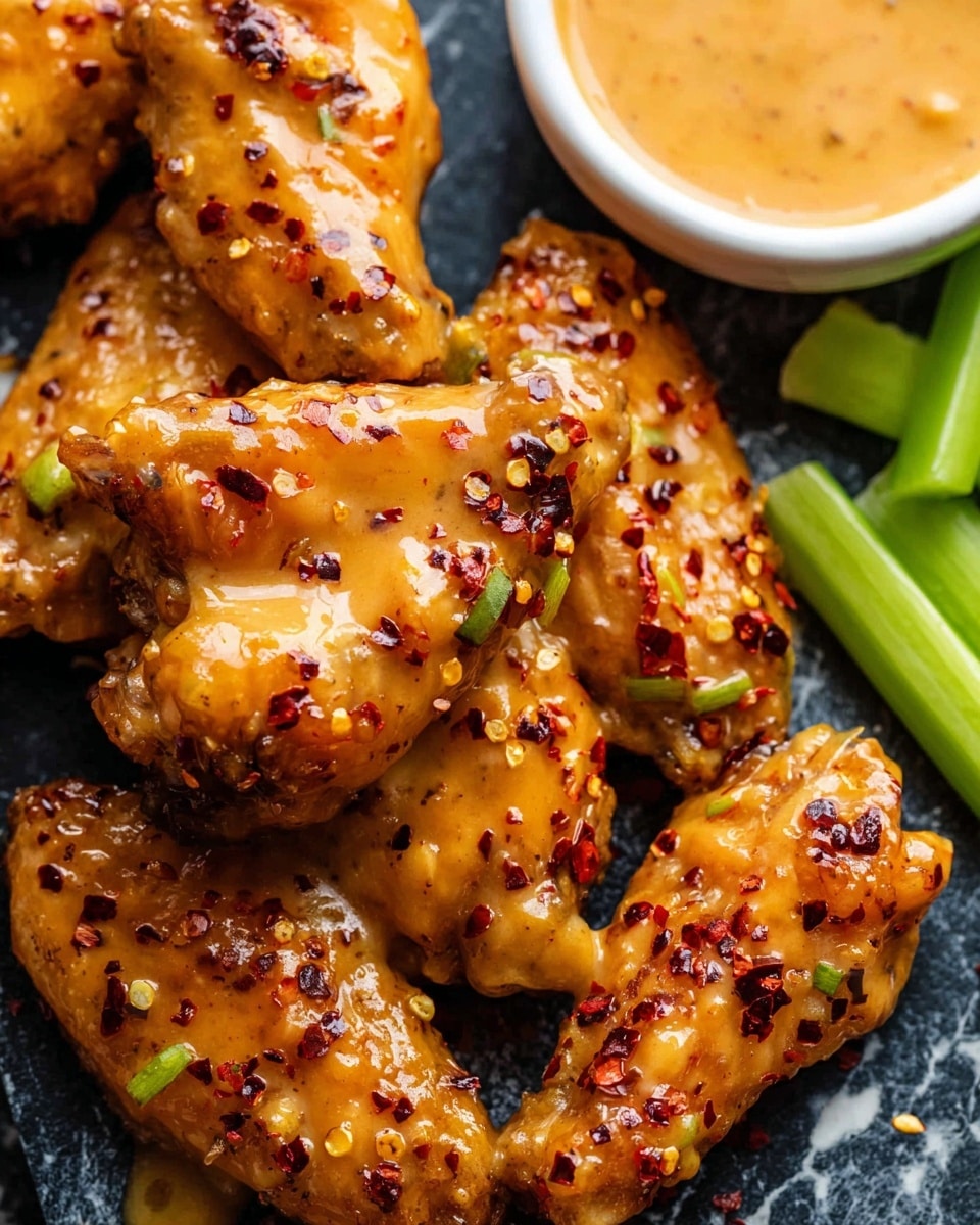 The image shows a close-up of crispy chicken wings covered in a thick, shiny orange sauce with visible red pepper flakes scattered on top and around the wings. The wings are layered closely together on a dark stone-like surface with some green celery sticks blurred in the background. The sauce looks smooth and glossy, with some drips pooling near the edges of the wings, giving a rich and spicy appearance. The white marbled texture is faintly visible at the bottom of the image photo taken with an iphone --ar 4:5 --v 7