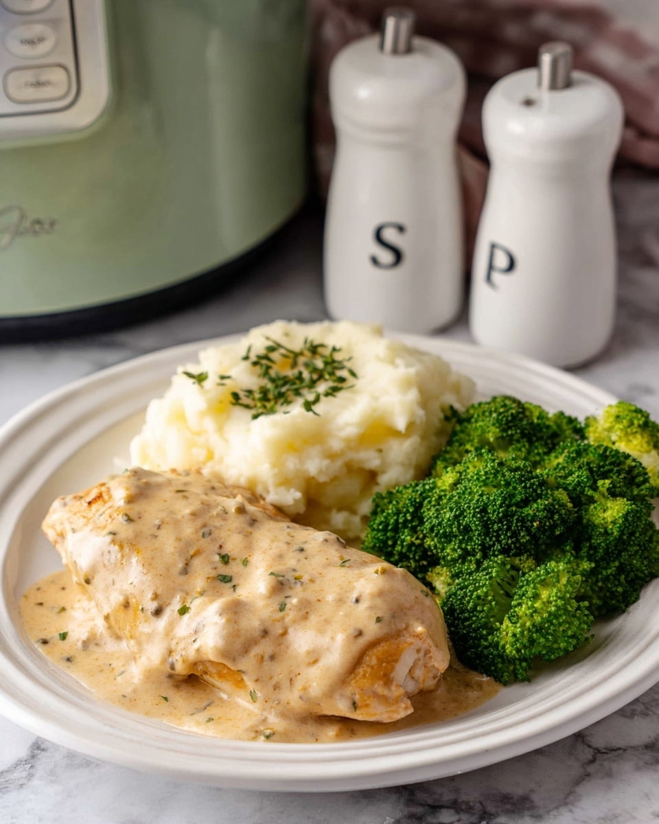 A white plate holds a meal with three main parts: on the left is a piece of chicken covered in a light brown creamy sauce with specks of herbs and spices, in the center front is a mound of mashed potatoes topped with the same creamy sauce, and on the right side is a cluster of bright green steamed broccoli florets. The plate sits on a white marbled surface, and in the background, there are two white ceramic salt and pepper shakers with