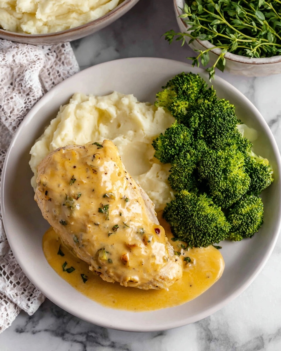 A white plate holds a meal with three main parts: a piece of chicken covered in a smooth, light yellow sauce with small herbs and spices, placed on the left side; next to it on the right side, a bright green cluster of cooked broccoli with a soft texture; below the broccoli and chicken is a serving of creamy mashed potatoes topped with a small pool of the same yellow sauce from the chicken. The plate sits on a white marbled surface with part of a bowl of mashed potatoes, some green leafy herbs, and a patterned white cloth visible in the background. photo taken with an iphone --ar 4:5 --v 7