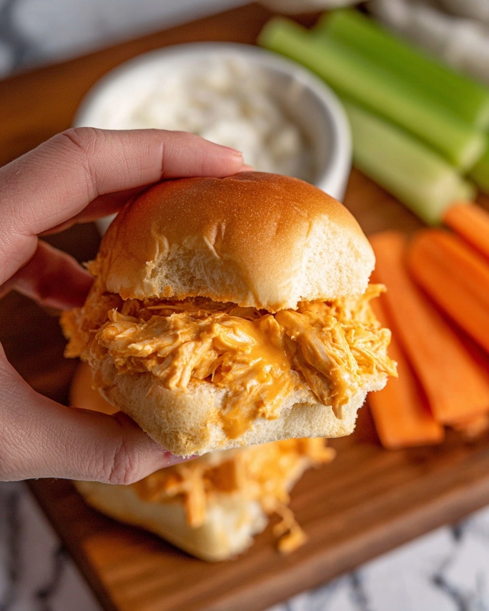 A close-up of a woman's hand holding a small sandwich with soft, shiny, light brown bread. Inside the sandwich, there is one thick layer of creamy orange shredded chicken mixed with sauce, slightly spilling out from the sides. In the background, there is a white bowl filled with white dressing, orange carrot sticks, and green celery sticks on a wooden board. The setting has a white marbled textured surface beneath. photo taken with an iphone --ar 4:5 --v 7