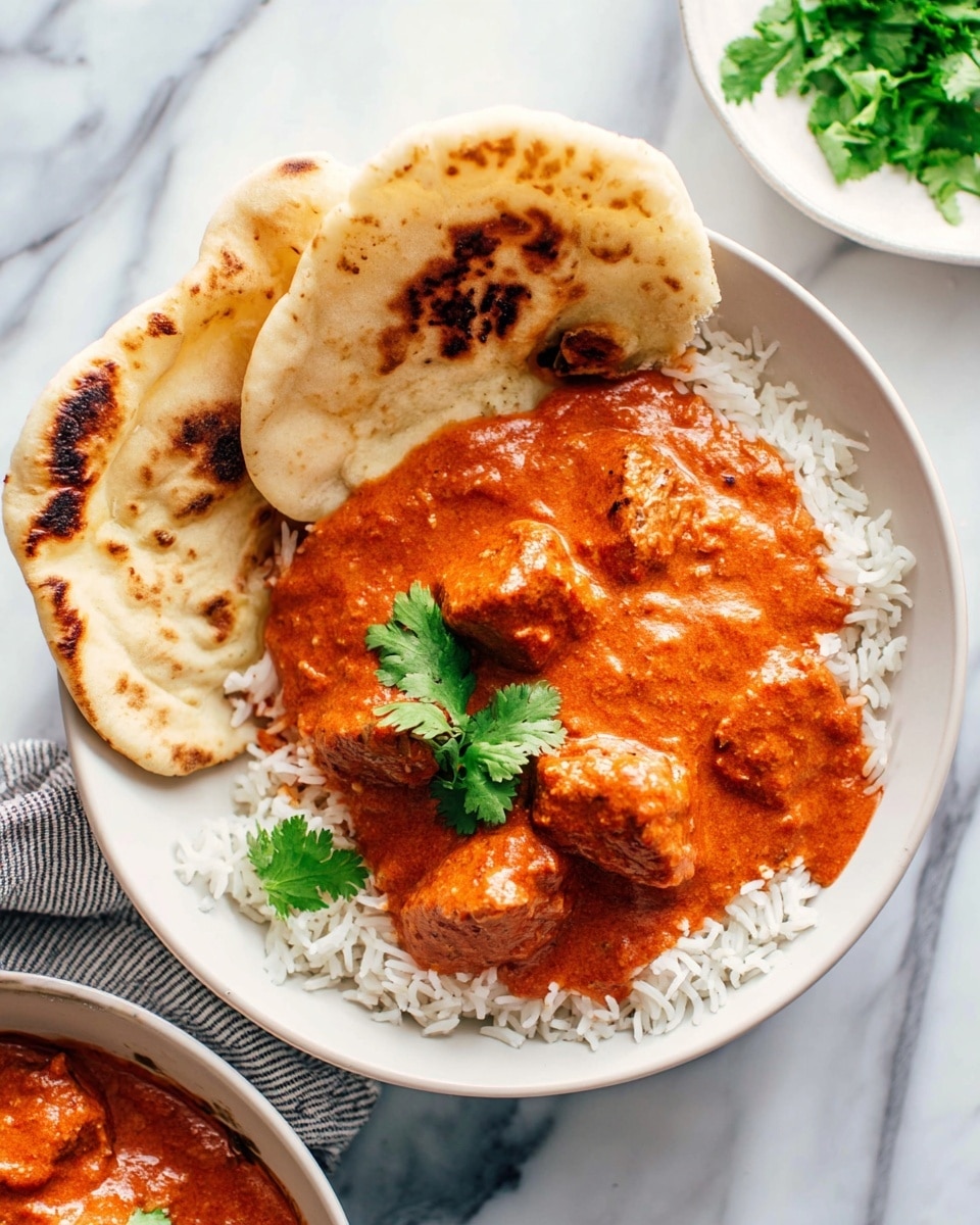 A white bowl filled with a layer of white rice at the bottom with a thick bright orange sauce with chunks of meat on top, a white spoon held by a woman's hand is scooping some of the orange sauce over the rice; around the bowl, there are parts of other white bowls with the same orange sauce, and a piece of flatbread on a white plate is visible on a white marbled surface. Photo taken with an iphone --ar 4:5 --v 7