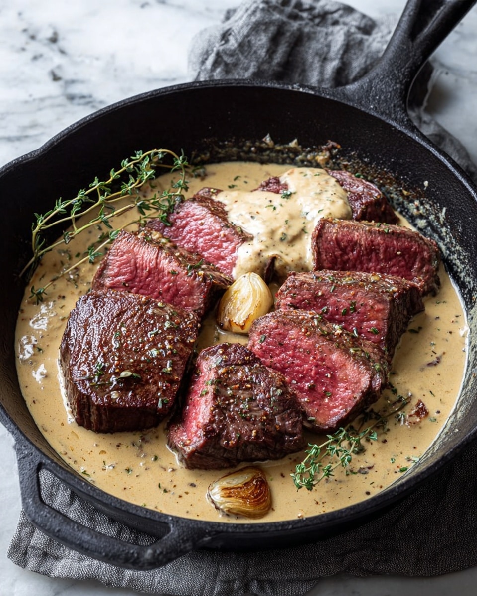 In a black cast iron pan, there are six slices of medium rare steak arranged in the middle, showing a deep red center and a well-browned crust. A creamy beige sauce with specks of black pepper and herbs covers the steak and pools around it, partially covering a few small pieces of roasted garlic. A small sprig of fresh thyme lies on top of the largest steak slice and another sprig is placed beside the meat. The pan sits on a white marbled textured surface with a gray cloth beneath it. photo taken with an iphone --ar 4:5 --v 7