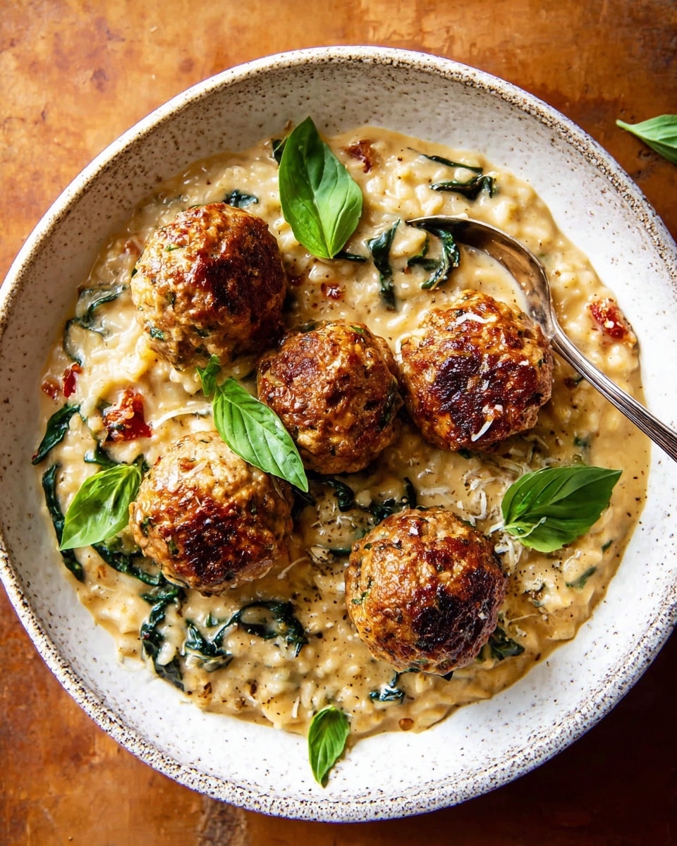 A white ceramic plate with black speckles holds a creamy risotto base mixed with bits of green spinach and sun-dried tomatoes, giving it a soft texture and light beige color with red and green specks. On top, five round golden brown meatballs with a slightly crispy outer layer rest evenly spaced. One meatball is cut in half showing a tender, moist inside. Fresh green basil leaves garnish the dish, placed on top near the meatballs. Two silver spoons rest in the risotto, one underneath the halved meatball, all set against a white marbled surface. Photo taken with an iphone --ar 4:5 --v 7