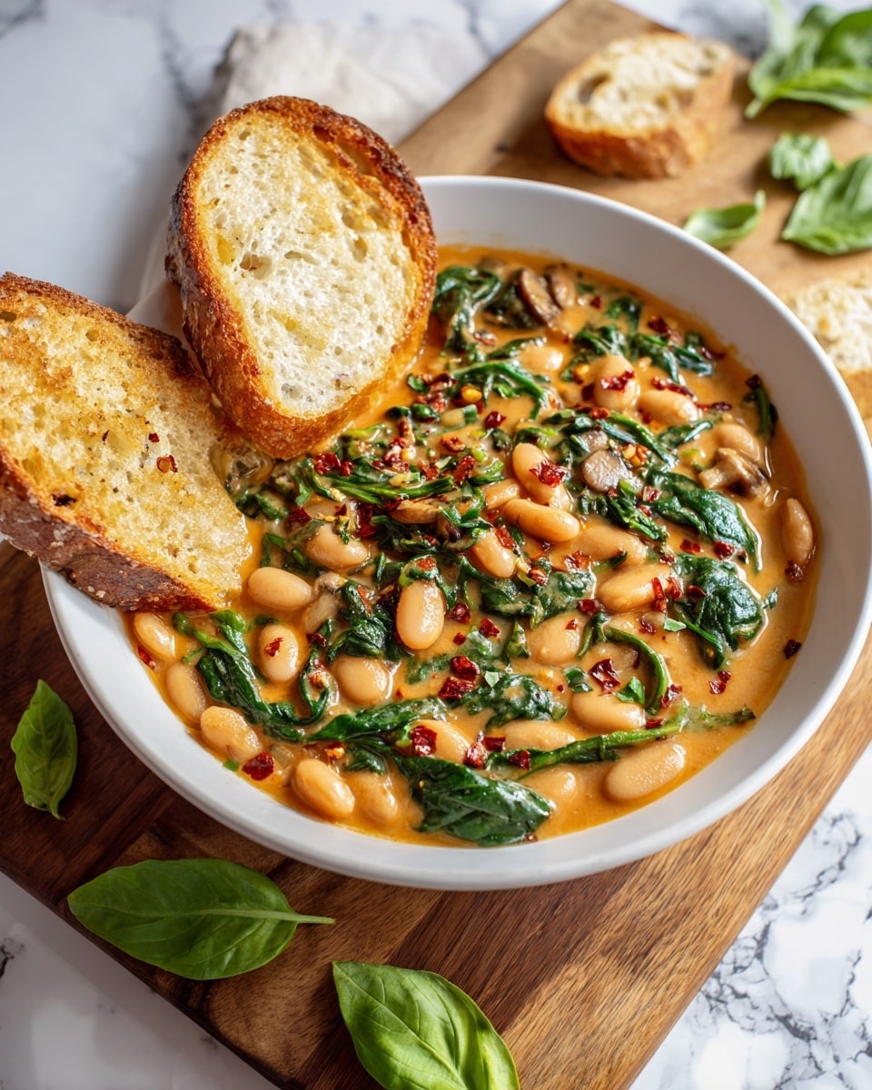 The dish is a bowl of creamy orange pasta with small gnocchi pieces mixed with green spinach leaves and topped with small chopped fresh basil leaves, giving a vibrant look. The creamy sauce has a smooth texture with bits of sun-dried tomatoes adding a reddish-brown color speckled throughout. A piece of toasted white bread is dipped into the pasta on the left side of the bowl. The bowl is white and placed on a wooden board with a white marbled surface behind. Photo taken with an iphone --ar 4:5 --v 7