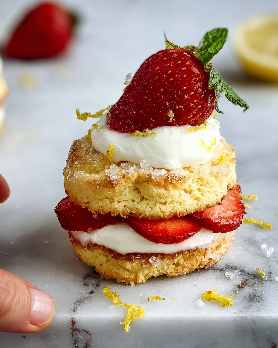 The image shows a small dessert with three layers: the bottom and top layers are golden-brown biscuit-like cakes with a rough texture and sugar crystals on top. Between the biscuit layers is a middle layer of white whipped cream, which is fluffy and thick. Thin red slices of strawberries are placed just under the top biscuit and around the middle cream layer. One half of a fresh strawberry with green leaves is placed on top of the dessert. The dessert is on a white marbled surface with some small lemon zest pieces and scattered sugar crystals around. A woman's hand is holding the dessert from the side. Photo taken with an iphone --ar 4:5 --v 7