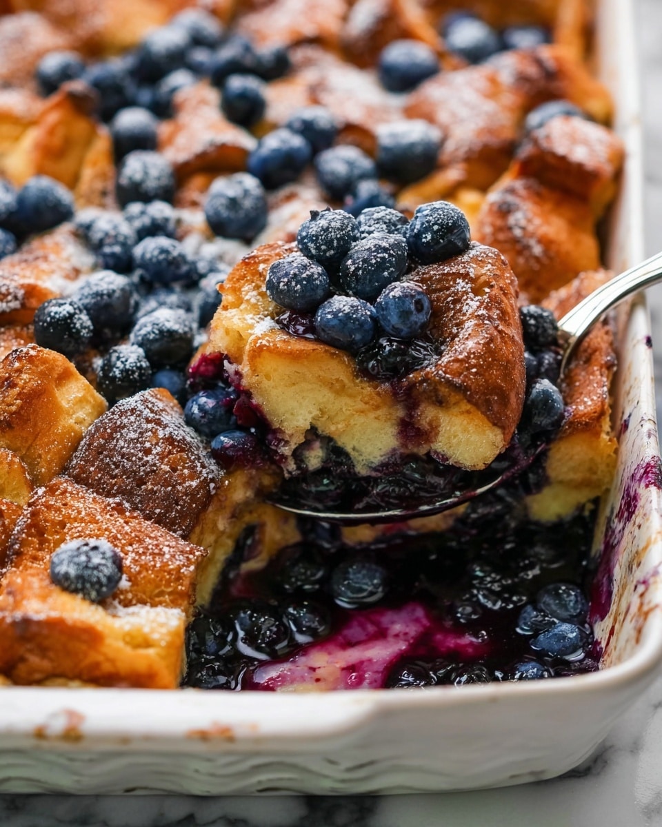 A close-up of a square piece of bread pudding with visible layers of golden brown baked bread and dark purple blueberries, some blueberries are both baked inside and fresh on top. The top layer has a slightly crispy, browned texture dusted with white powdered sugar. The bread pudding is placed on a white plate, set on a white marbled surface. In the blurred background, a blue baking dish is partially visible. The overall look is warm and fresh, with contrast between the soft bread layers and the juicy blueberries. Photo taken with an iphone --ar 4:5 --v 7