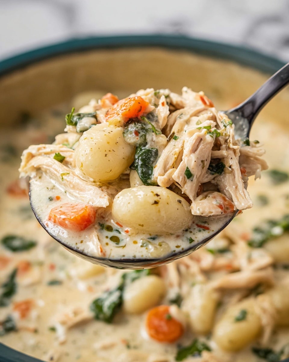 A close-up view of a spoon lifting a creamy stew filled with soft gnocchi, pieces of shredded light beige chicken, small orange carrot chunks, and green spinach bits. The stew is thick and light cream in color, with visible herbs mixed in. The spoon is dark and held above a pot filled with the same creamy stew. The background surface is white with a marbled texture. photo taken with an iphone --ar 4:5 --v 7