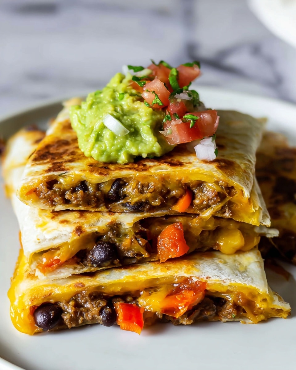 The image shows a close-up of three stacked quesadilla slices on a white plate over a white marbled surface. Each slice has two tortilla layers with melted yellow cheese and a mix of black beans, red bell peppers, and cooked ground meat inside, creating a soft and slightly oily texture with golden-brown grilled spots on the tortillas. On top of the stack, there is a scoop of bright green guacamole with small pieces of diced red tomatoes and finely chopped onions around it. Photo taken with an iphone --ar 4:5 --v 7