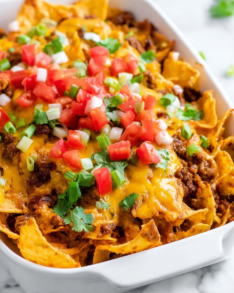 A white dish filled with several layers starting from a base of crispy light yellow tortilla chips, topped with browned cooked meat pieces, then a thick layer of melted golden cheese covering the chips and meat. On top, there are small scattered red tomato cubes and bright green chopped spring onions, along with fresh green cilantro leaves as garnish. The dish sits on a white marbled surface, and the photo is taken close-up to show the texture and colors clearly, photo taken with an iphone --ar 4:5 --v 7