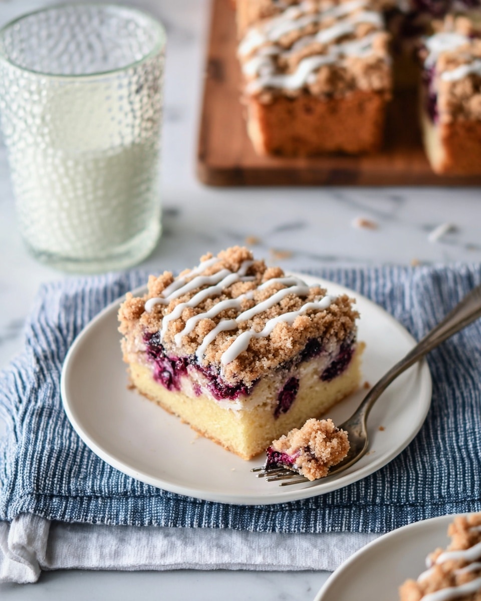 The image shows a square piece of crumb cake on a white plate placed on a blue and white striped cloth over a white marbled surface. The cake has three visible layers: a light yellow soft cake base, a middle layer filled with dark purple berries, and a thick crumbly brown topping drizzled with white icing in thin lines. A small piece of cake with visible berry bits is on a fork beside the main piece. In the background, there is a clear textured glass filled with milk and a wooden board holding more crumb cake pieces. Photo taken with an iphone --ar 4:5 --v 7