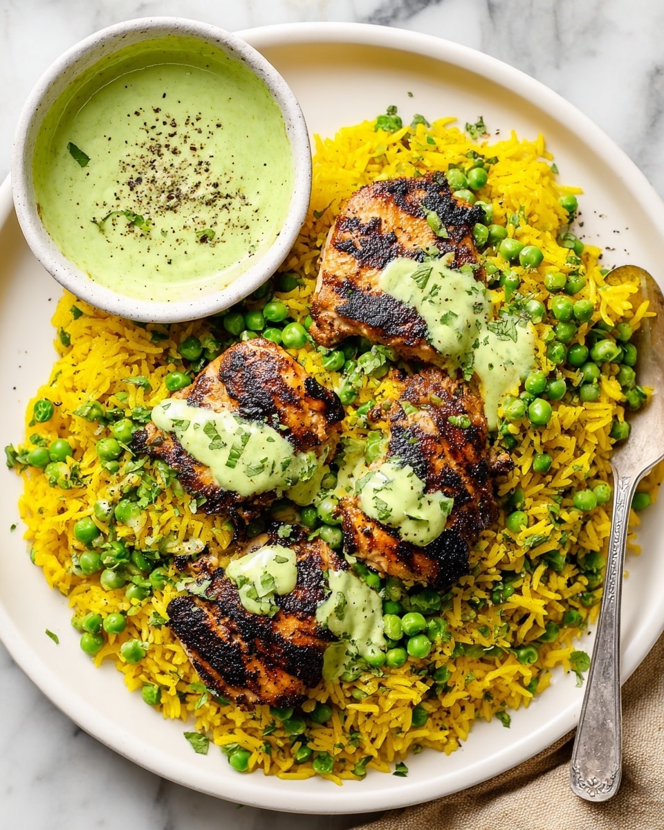 A white round plate holds a bed of bright yellow rice mixed with green peas, layered evenly across the plate. On top of the rice, there are three grilled pieces of dark brown, charred chicken, each with grill marks and juicy texture visible. A light green creamy sauce with herbs is drizzled over the chicken pieces and some of the rice. On the side of the plate, a small white bowl filled with the same green sauce is placed, sprinkled lightly with black pepper. A silver spoon rests at the edge of the plate, partially scooping up some rice and peas. The entire scene is set on a white marbled surface. Photo taken with an iphone --ar 4:5 --v 7