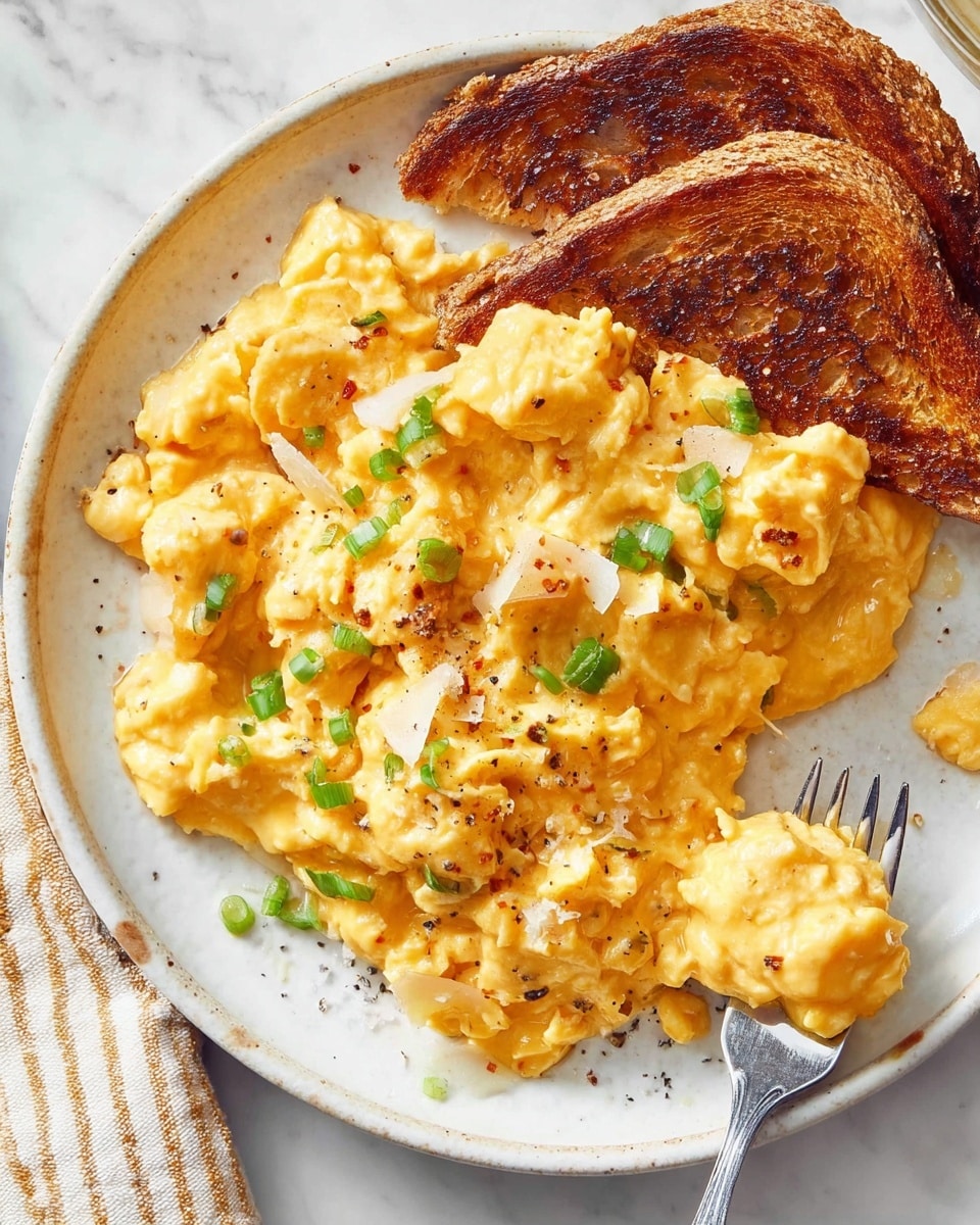 A white plate holds a serving of creamy scrambled eggs with a soft, slightly lumpy texture, colored light yellow-orange. The eggs are sprinkled with small green onion pieces and thin shreds of white cheese, with a little black pepper on top. At the back of the plate, two slices of toasted bread with a dark brown, crispy surface lean against the eggs. A silver fork is shown lifting some of the eggs from the plate, resting near a beige and white striped cloth on a white marbled surface. Photo taken with an iphone --ar 4:5 --v 7