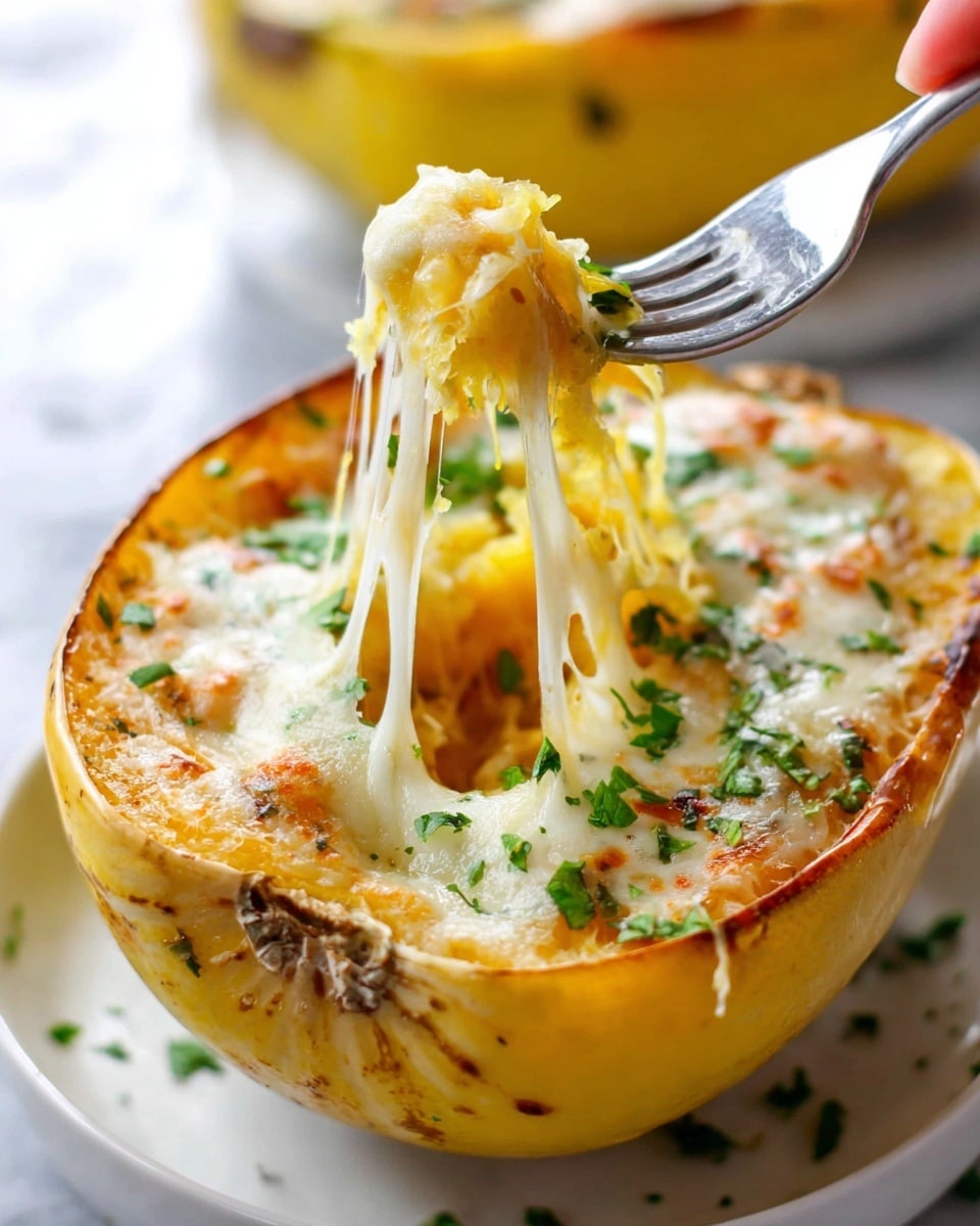 The image shows a white bowl with a half yellow squash filled with layers of soft cooked squash, melted white cheese, and chopped green herbs scattered on top. A woman's hand holds a silver fork pulling up a stringy, melted cheese layer from inside the squash, showing its stretchy texture. The squash skin is golden-yellow and smooth, surrounding the creamy inside with bits of orange and green from the herbs and squash flesh. The bowl is placed on a white marbled surface with some blurred yellow bowls in the background. Photo taken with an iphone --ar 4:5 --v 7