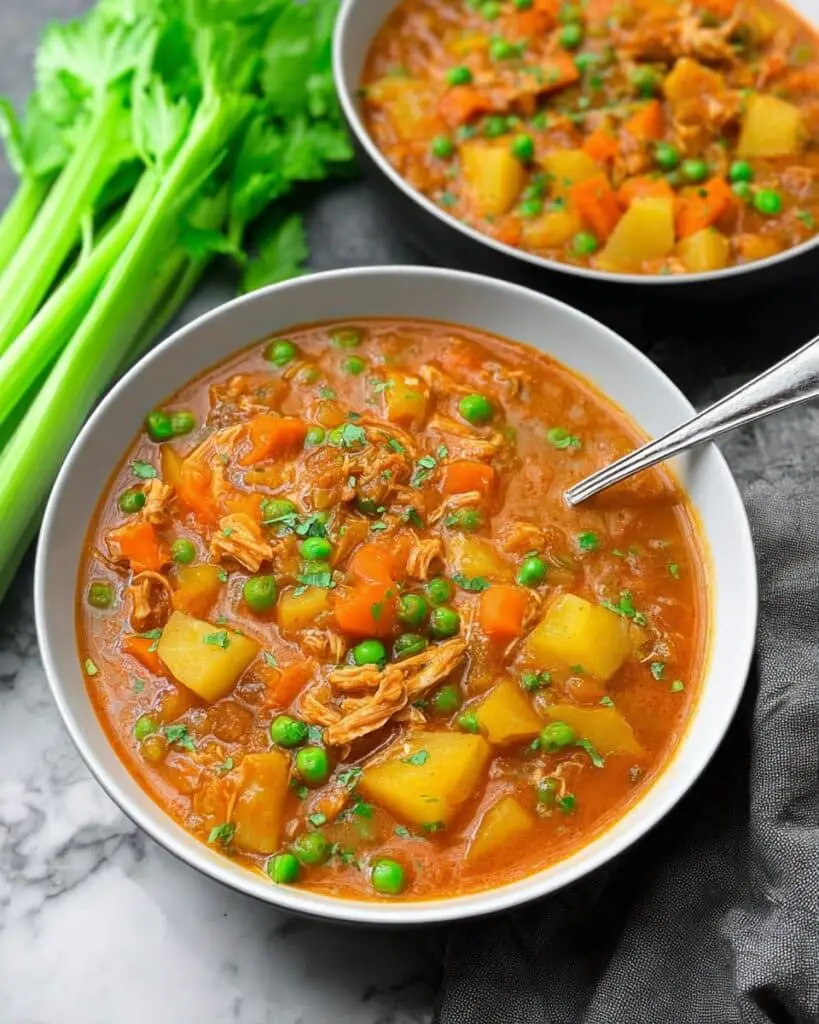 Vegan Hearty Soy Curl Stew with Potatoes, Carrots, and Green Peas Recipe