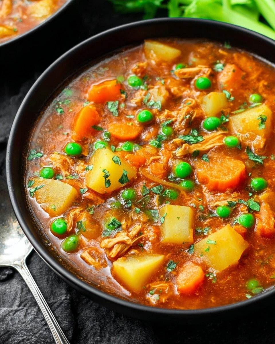 A close-up of a black bowl filled with a thick orange stew that has three main visible layers: the base is a smooth orange sauce, the middle layer has chunks of orange carrots, pale yellow potatoes, bright green peas, and light brown shredded chicken mixed inside, and the top layer is sprinkled with small green parsley leaves, all in a rich, steady texture. A spoon lifts a helping of the stew showing a mix of carrots, potatoes, peas, and chicken clearly. The bowl sits on a white marbled surface, and in the background, a blurred second bowl is partly visible. Photo taken with an iphone --ar 4:5 --v 7