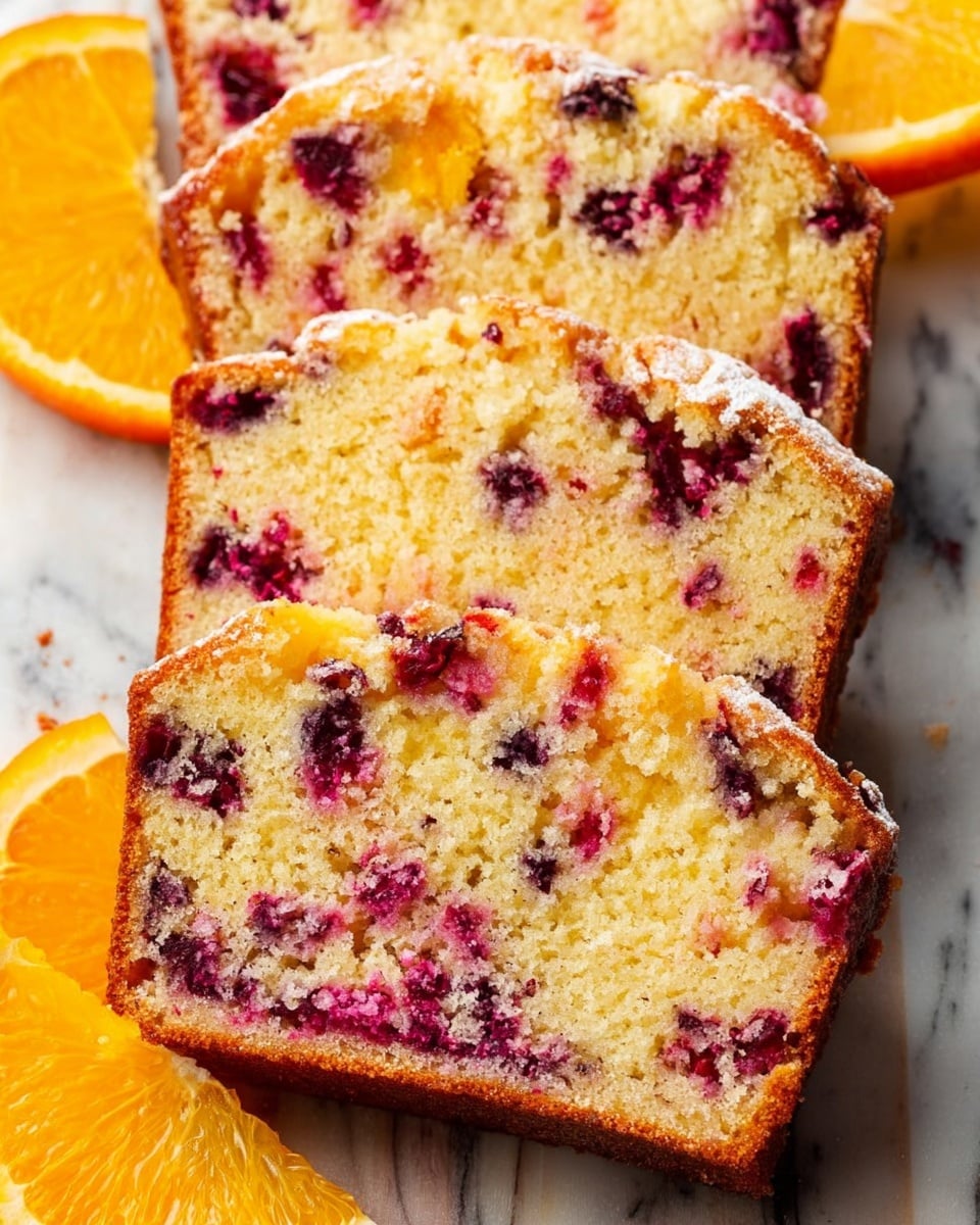The image shows four thick slices of yellow cake with a slightly crumbly texture, each filled with bright red and purple berry pieces throughout. The golden brown crust lines the edges of the cake slices. At the base of the image, three vibrant orange wedges are placed close together, adding a fresh and colorful contrast. The whole scene is set on a white marbled surface, highlighting the warm tones of the cake and fruit. photo taken with an iphone --ar 4:5 --v 7