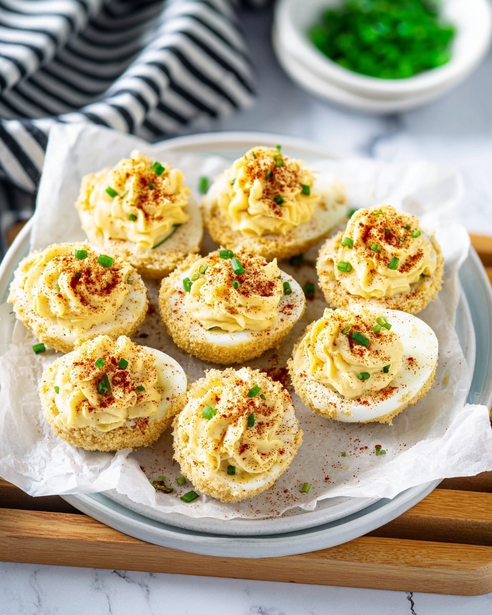 The image shows a white plate with ten deviled eggs arranged in a circle. Each deviled egg has two layers: the bottom layer is a yellow egg white half coated with a crumbly texture, and the top layer is a smooth, creamy yellow filling that is swirled on top. The eggs are sprinkled with small green chive pieces and a light dusting of red paprika. The plate is on a wooden cutting board covered with crumpled white parchment paper, and there is a striped blue and white cloth with two vintage silver forks to the left. On the white marbled surface are small white bowls with green chives and coarse salt, one with a wooden spoon. Photo taken with an iphone --ar 4:5 --v 7