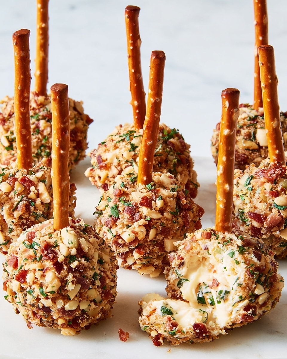 The image shows several round cheese balls covered with finely chopped nuts, bacon bits, and green herbs, giving them a textured reddish-brown and green outer layer. Each cheese ball has a crunchy pretzel stick inserted vertically in the center, standing tall and straight. One cheese ball is shown with a bite taken out, revealing a creamy, light yellow interior. The cheese balls are arranged closely on a white marbled surface with soft, natural lighting. photo taken with an iphone --ar 4:5 --v 7