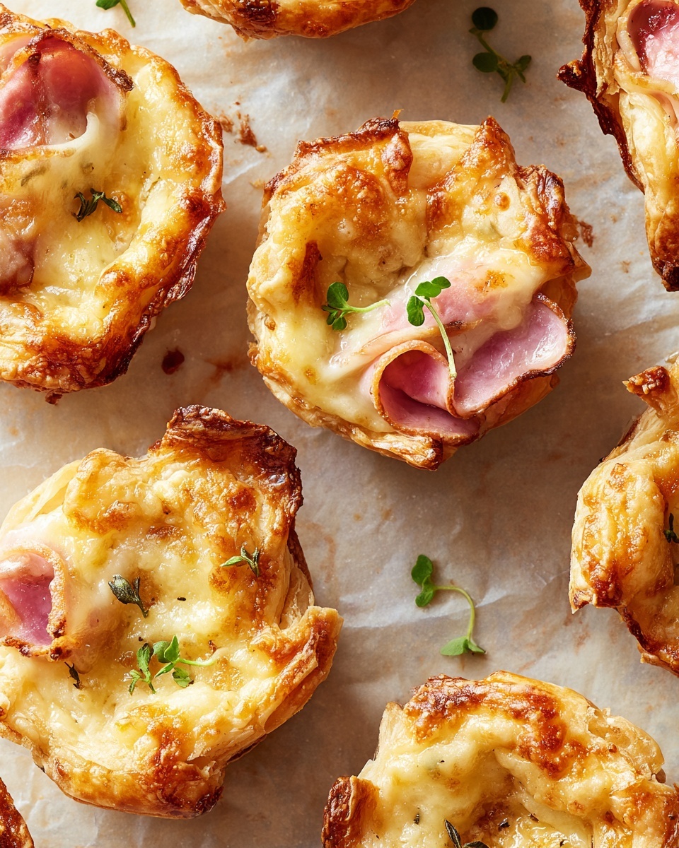 The image shows several small puff pastry cups on a white marbled surface with baking paper underneath. Each pastry cup has two main layers: a golden-brown, flaky outer shell and a creamy, melted cheese layer on top. Inside, visible in two cups, are slices of pink ham covered by the cheese. Some cups have small green herb leaves scattered on them for garnish. The pastry edges are lightly browned, with crisp textures and small cheese bubbles visible, suggesting a fresh-out-of-the-oven look. Photo taken with an iphone --ar 4:5 --v 7