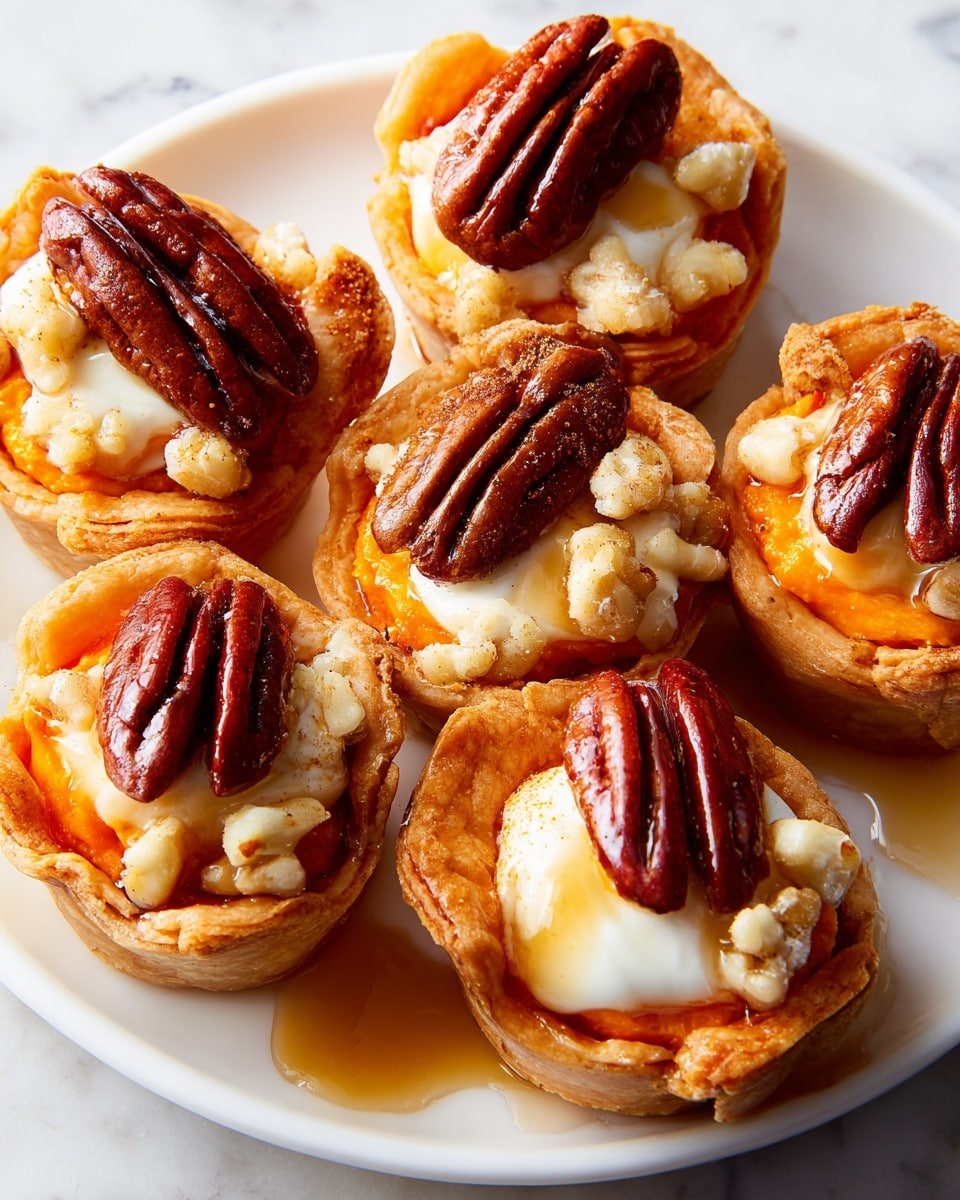 The image shows close-up mini tarts on a white plate, each tart has three visible layers: a golden-brown crispy crust forming the base and edges, a thick orange filling in the middle with a slightly rough texture, and a dollop of melted white topping just beneath a whole glossy pecan placed on top; honey is being poured from above over the pecan on the front tart, adding a shiny amber layer. The plate sits on a white marbled surface, photo taken with an iphone --ar 4:5 --v 7