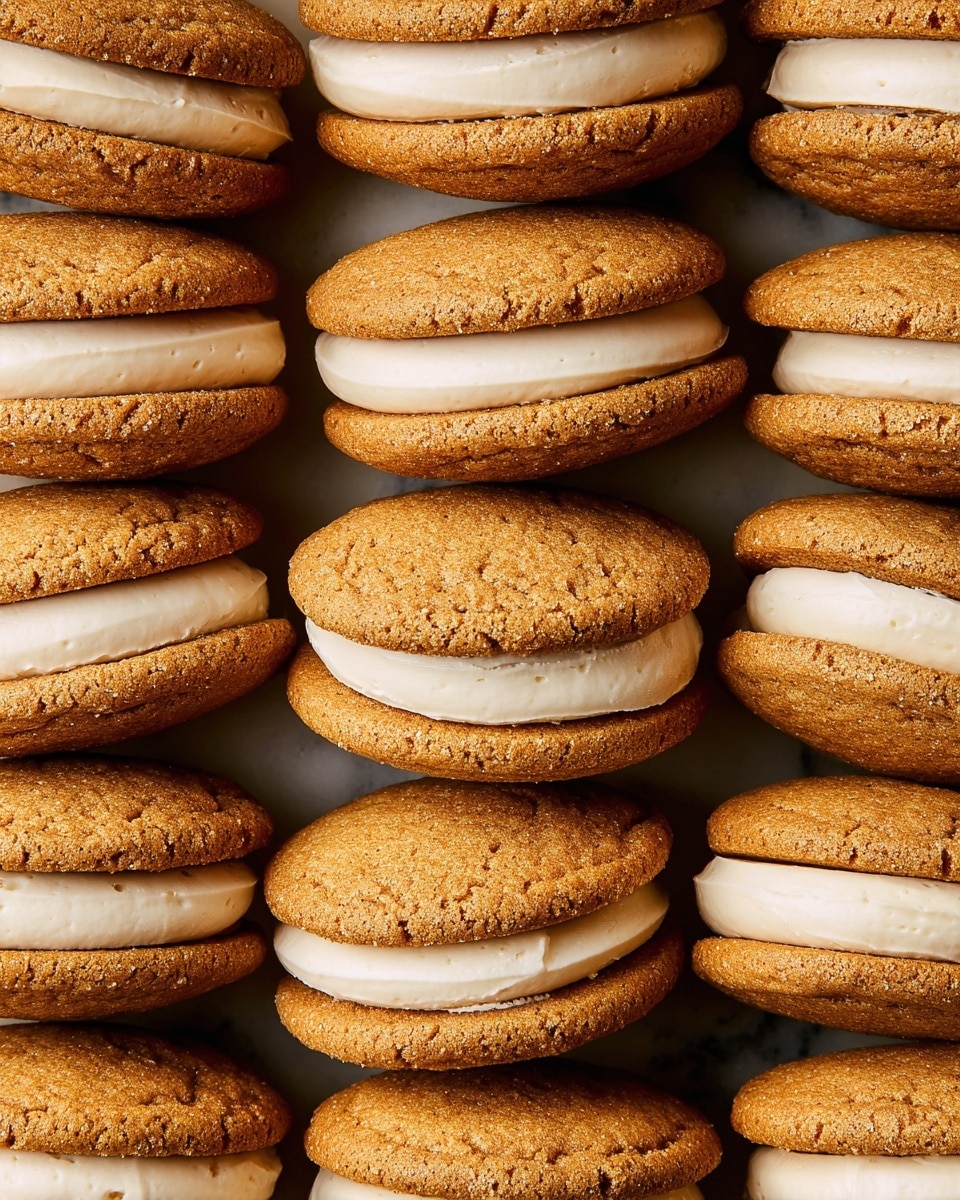 A close-up view of multiple sandwich cookies arranged side by side, each with two soft, round, golden-brown cookie layers that have a slightly rough texture with some small darker spots. Between the cookie layers, there is a thick, creamy white filling that looks smooth and soft, slightly thicker than each cookie layer. The cookies are tightly packed together, filling the entire frame, with the filling visible around the edges where the cookies meet. The background is a white marbled texture. photo taken with an iphone --ar 4:5 --v 7