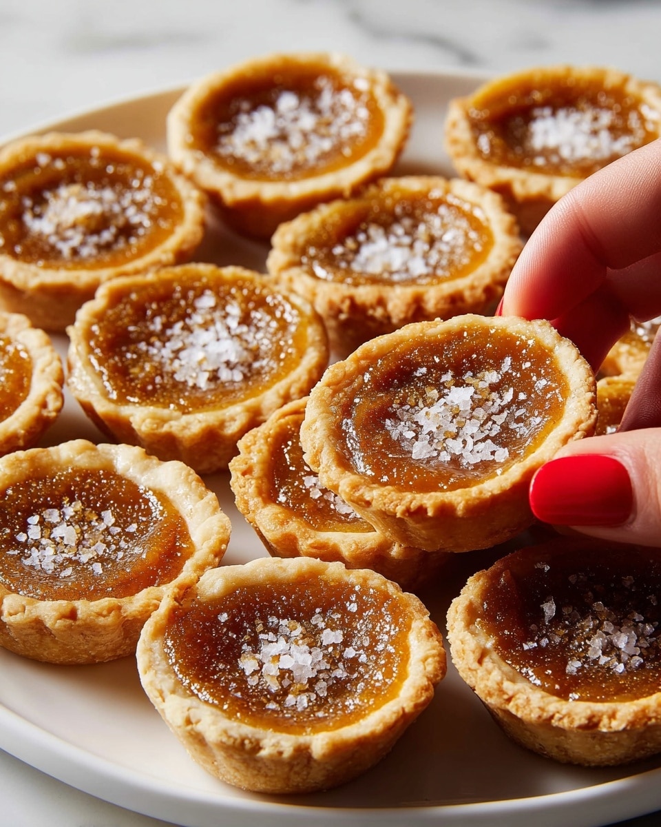 A close-up image shows many small round tarts arranged on a white plate with a white marbled surface underneath. Each tart has three visible layers: a smooth, light golden crust forming the base and sides, a shiny caramel-colored filling with a slightly textured surface inside the crust, and a sprinkling of large white salt flakes on top of the filling. One tart is held delicately by a woman's hand with red-painted nails on the right side of the image, highlighting the details. The plate is filled with the tarts, overlapping slightly, giving a sense of abundance. photo taken with an iphone --ar 4:5 --v 7