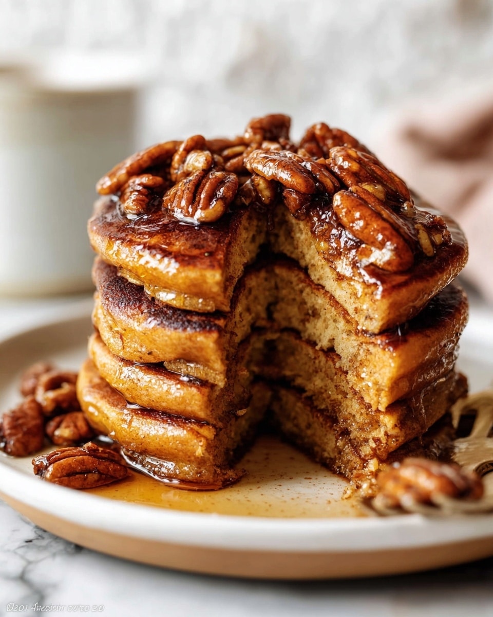 A stack of thick, round pumpkin pancakes with a warm golden-brown color, each layered closely on a white plate. The top pancake has a melting square of butter which adds a creamy light yellow contrast. Scattered over and between the pancakes are glossy pecans, some whole and some slightly cracked, covered in a shiny drizzle of syrup that pools softly on the pancakes. The syrup is dark amber, adding a rich glow and slight reflections on the pancake surfaces. The background is a white marbled texture, enhancing the warm tones of the pancakes and pecans. photo taken with an iphone --ar 4:5 --v 7