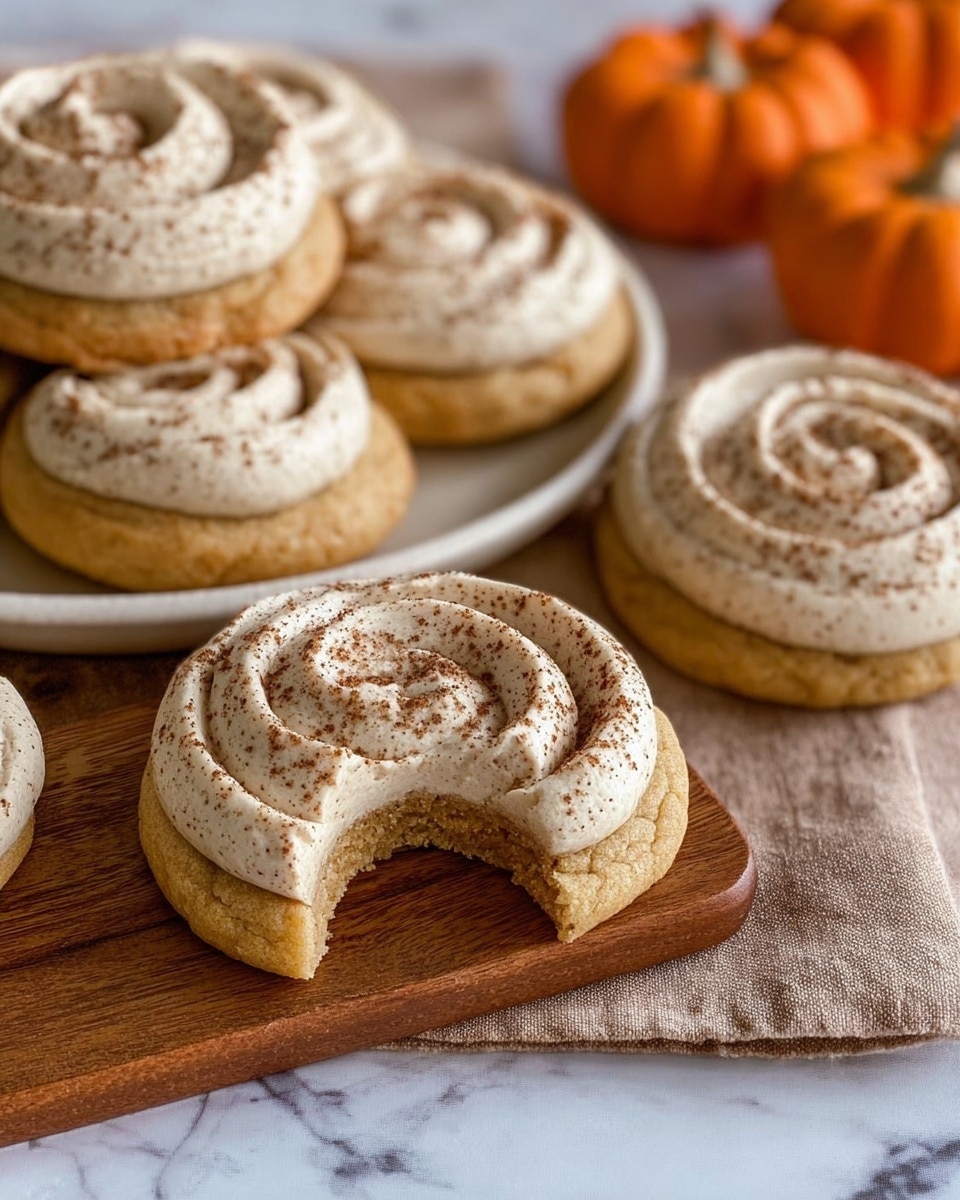 A white round plate holds seven cinnamon roll cupcakes, each topped with a light brown spiral frosting dusted with cinnamon powder. The cupcakes are golden brown with a soft texture seen beneath the frosting. The plate is set on a beige woven cloth over a white marbled surface. Next to the plate are two small orange pumpkins and a lit amber glass jar candle, giving a warm, cozy feel. photo taken with an iphone --ar 4:5 --v 7