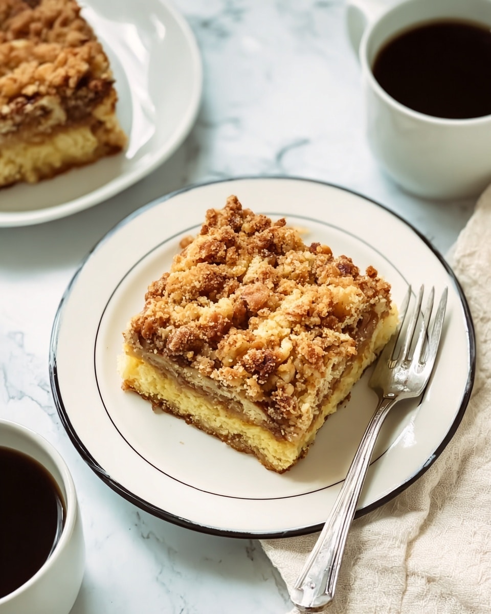 The image shows a square piece of crumb cake on a white plate with a thin black edge. The cake has three visible layers: the bottom layer is a soft, light yellow cake, the middle layer is slightly darker with small bits that look like nuts or fruit, and the top layer is a thick, crunchy crumb topping with golden brown and light tan colors and a rough texture. The plate is placed on a white marbled surface, next to a silver fork and cream-colored cloth on the right side. Also, there are two white cups filled with dark coffee, one near the top right corner and one near the bottom left corner of the image. photo taken with an iphone --ar 4:5 --v 7