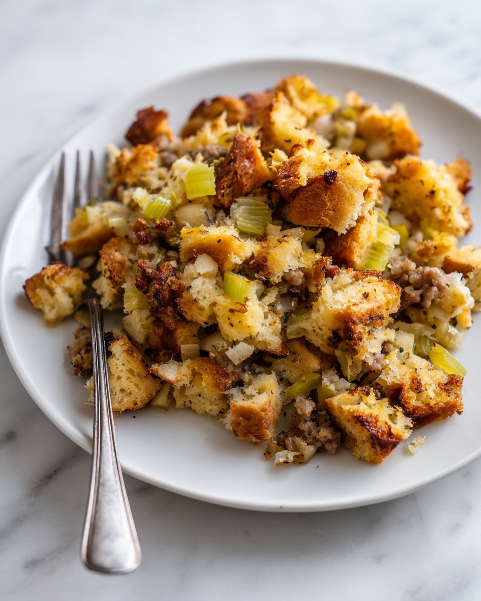 A white plate holds a mix of stuffing with three main layers visible: chunks of golden brown bread with a slightly crispy texture, soft light green celery pieces, and browned crumbles of cooked sausage with specks of herbs. The stuffing is unevenly spread across the plate, creating a mix of colors from tan to yellow to light green and brown. A silver fork is placed on the right side of the plate, resting partly on the plate’s edge. The background is a white marbled surface with soft lighting that highlights the textures of the stuffing. Photo taken with an iphone --ar 4:5 --v 7