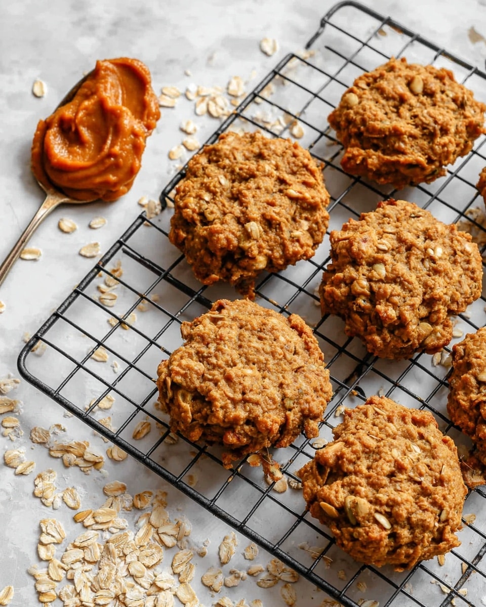 A black wire cooling rack holds seven oatmeal cookies with a rough, textured surface showing oats and a golden brown color, arranged unevenly over a white marbled surface scattered with loose oats. On the left side of the rack is a metal spoon with thick, smooth orange pumpkin puree, slightly smeared on the white marbled background. The cookies look soft but firm, with an uneven round shape and a warm, natural tone. photo taken with an iphone --ar 4:5 --v 7