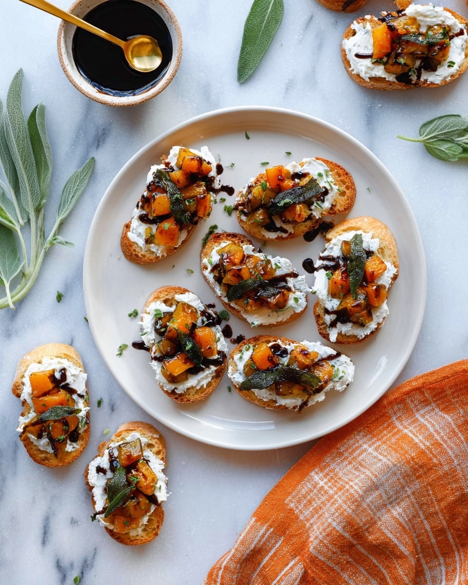 Small white toasted bread pieces form the bottom layer, each topped with a thick, creamy white spread. On top of the spread, bright orange roasted squash cubes are neatly placed, sprinkled with dark herbs and spices. Each piece is garnished with a whole fried green sage leaf and small green herb sprigs. The toasts are arranged on a white plate set against a white marbled background, with a few drops of dark balsamic glaze drizzled over them. photo taken with an iphone --ar 4:5 --v 7