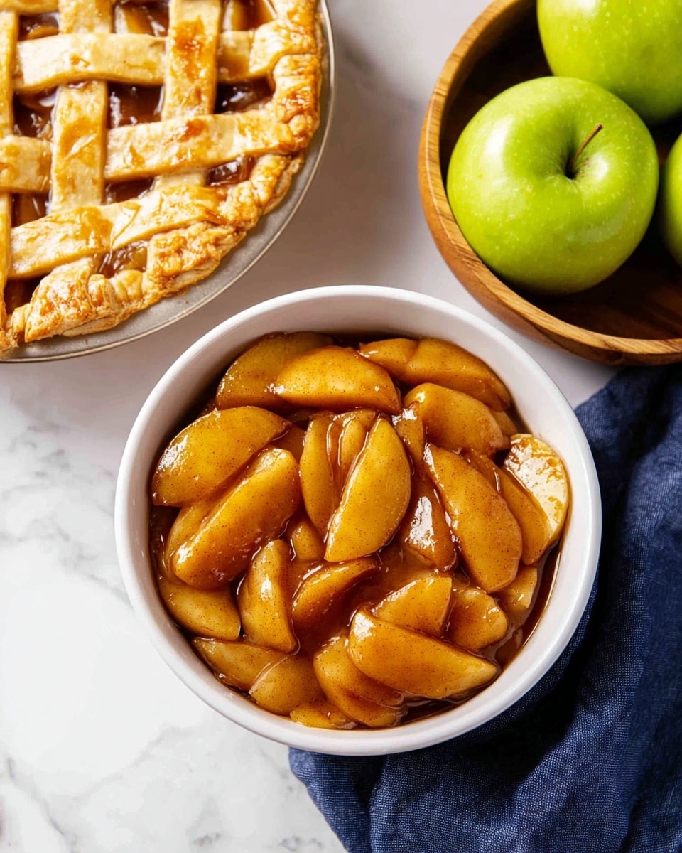 The image shows a white bowl filled with sliced cooked apples covered in a shiny cinnamon sauce, the apple slices have a soft, glossy texture with warm golden-brown color from the sauce coating each piece, positioned in the bowl in layers that appear slightly overlapping. Next to the bowl, there is a round apple pie with a golden-brown crust arranged in a lattice pattern with square gaps showing the darker baked apple filling below. To the side, there is a wooden bowl holding three green apples with smooth skin. All items are arranged on a white marbled surface with a dark blue cloth partially visible under the bowl of apples. photo taken with an iphone --ar 4:5 --v 7