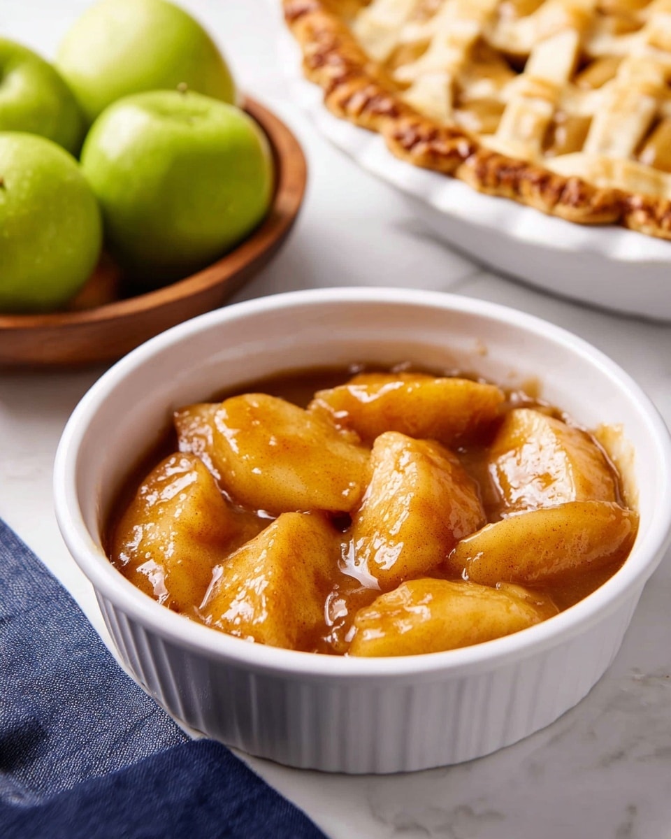 A white ribbed round bowl filled with several golden-brown apple slices covered in a shiny cinnamon sauce, each slice smooth with a slight glaze texture. Behind it is a white pie with a golden lattice crust slightly browned on the edges, showing a hint of the apple filling inside. To the side, a wooden bowl holds a few bright green apples with a smooth, matte surface. All dishes are set on a white marbled surface with a soft navy blue cloth partially visible near the bowl. Photo taken with an iphone --ar 4:5 --v 7