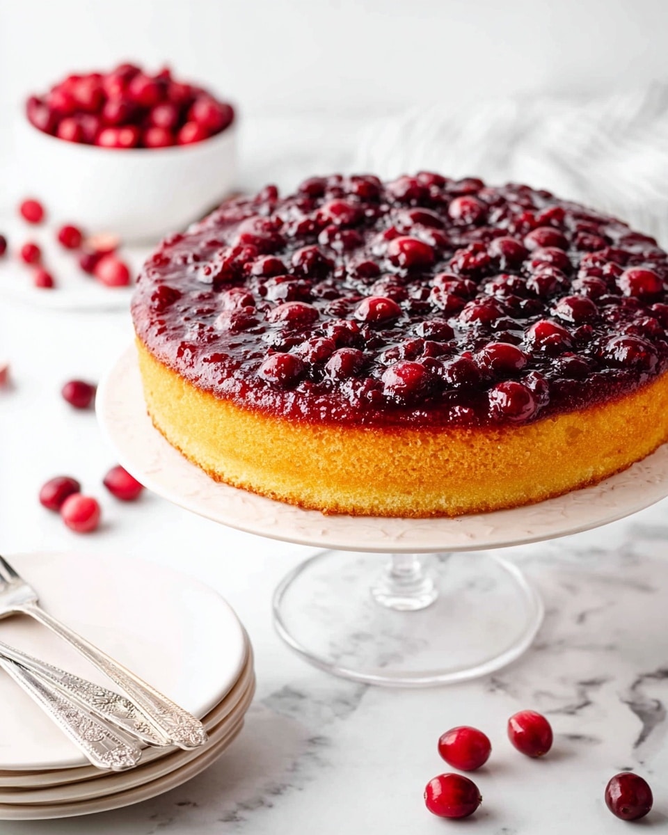 A round two-layer cake is shown on a white cake stand with a clear base. The bottom layer is a yellow, soft sponge cake, and the top layer is a dark red, glossy cranberry topping with whole cranberries covering the surface. To the left, there is a white bowl filled with fresh cranberries and scattered cranberries around it. In the foreground, there are stacked white plates with three silver forks on top, and a silver cake server lies on the white marbled surface in front. The background is bright and clean. photo taken with an iphone --ar 4:5 --v 7