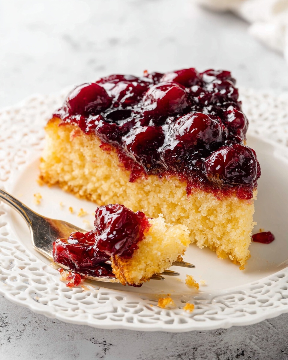 A single slice of light golden-yellow cake topped with a thick layer of dark red cherry jam, showing shiny whole cherries embedded in the glossy topping. The cake looks soft and crumbly, with a few crumbs on a white plate with a detailed, lace-like edge. A silver fork holds a bite-sized piece of cake with jam in the foreground. The setting has a white marbled texture. Photo taken with an iphone --ar 4:5 --v 7