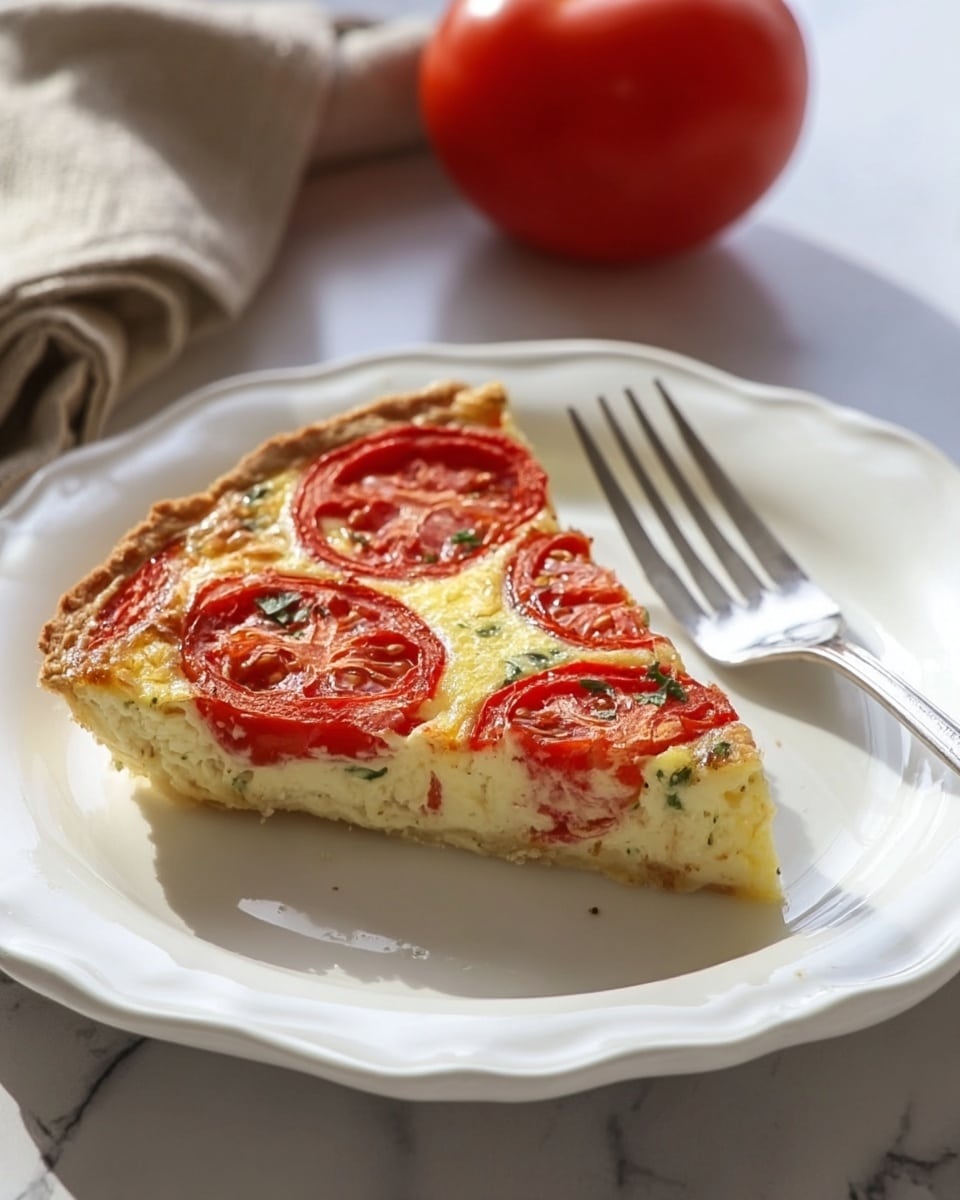A single slice of quiche placed in the center of a white scalloped plate, showing three visible layers: a thin light brown crust base, a pale yellow creamy egg filling with bits of green herbs mixed in, and on top, several bright red tomato slices with slightly browned edges, giving a roasted look. A silver fork rests on the right edge of the plate. In the background, a whole red tomato and a folded beige cloth napkin sit on a white marbled surface. The lighting is soft, creating gentle shadows and highlighting the slice's texture. Photo taken with an iphone --ar 4:5 --v 7