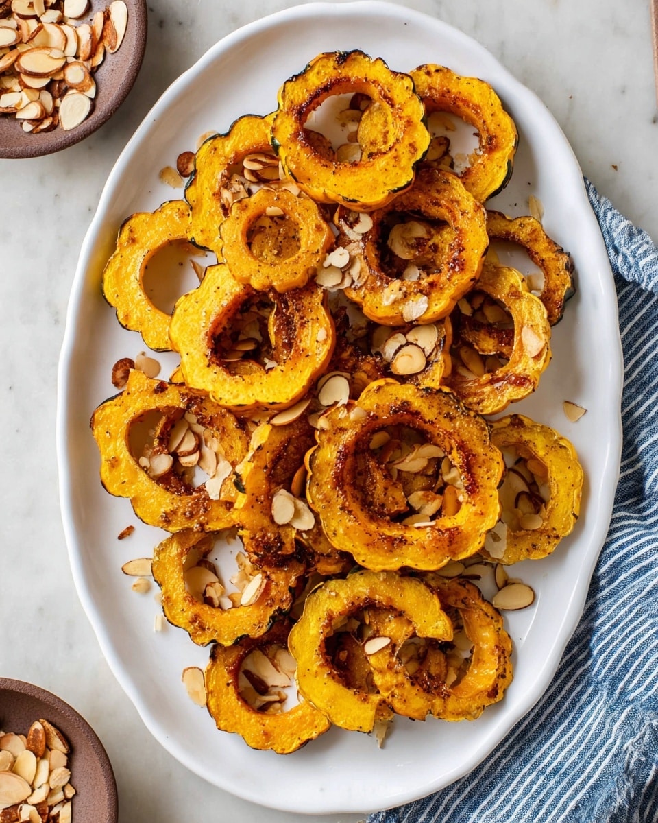 A white oval plate holds about two layers of roasted yellow-orange rings of delicata squash, each ring browned slightly with a roasted texture. Scattered on and between the squash rings are many toasted, sliced almonds, some whole and some broken, showing a golden-brown color with a bit of a charred look. The plate is placed on a white marbled surface, near the bottom edge of the photo a small brown bowl holds more toasted almond slices, and a blue and white striped cloth napkin is visible on the right. The lighting is natural with soft shadows, focusing on the bright warm colors of the squash and almonds. photo taken with an iphone --ar 4:5 --v 7