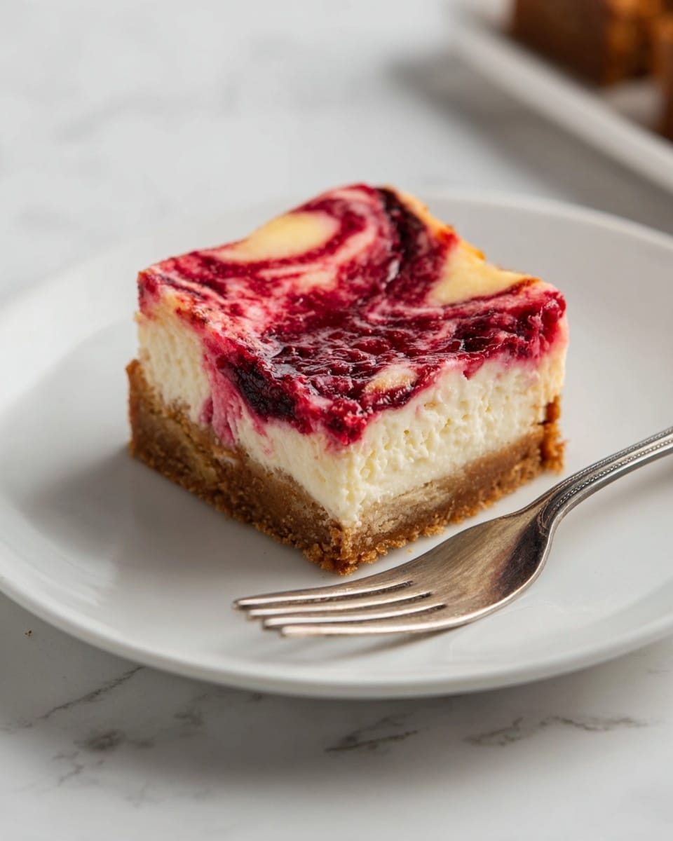 A square slice of cheesecake bar is placed on a white plate with a silver fork resting beside it. The cheesecake has three visible layers: a thick, golden-brown crust at the bottom, a thick creamy white layer in the middle, and a swirled bright red and dark red berry topping on the top layer, which creates a marbled effect. The background is a white marbled surface, adding a clean and simple look to the scene. Photo taken with an iphone --ar 4:5 --v 7