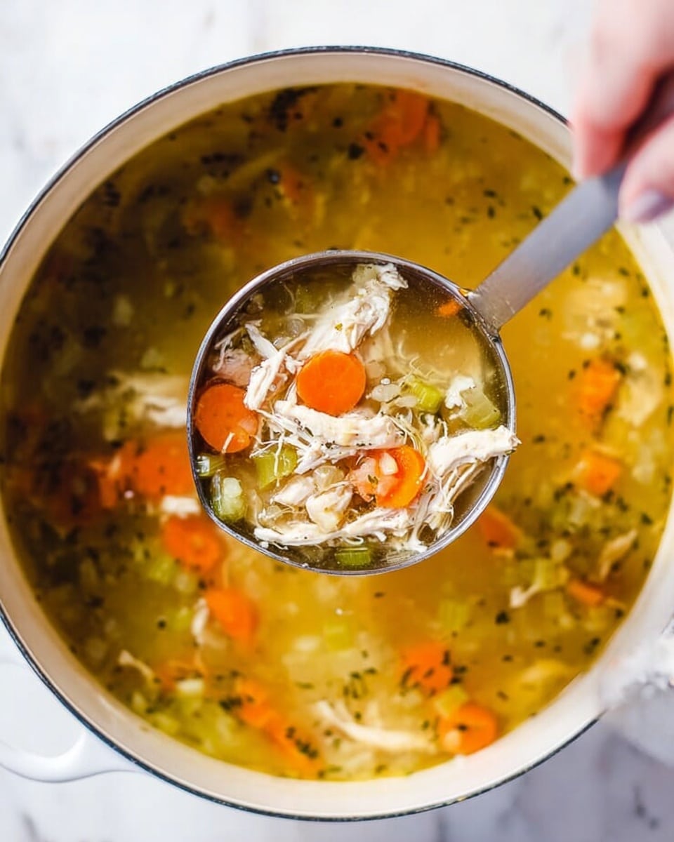 A close-up of a white pot filled with clear golden broth soup, showing bright orange carrot slices, white shredded chicken pieces, and small bits of light green celery floating inside. A large silver ladle lifts a scoop of the soup, showing a mix of the chicken, carrots, celery, and broth in detail. The pot sits on a white marbled surface, and a woman's hand holds the ladle from the top right corner of the image. The overall look is warm and fresh, highlighting the simple textures and colors of the soup ingredients. photo taken with an iphone --ar 4:5 --v 7