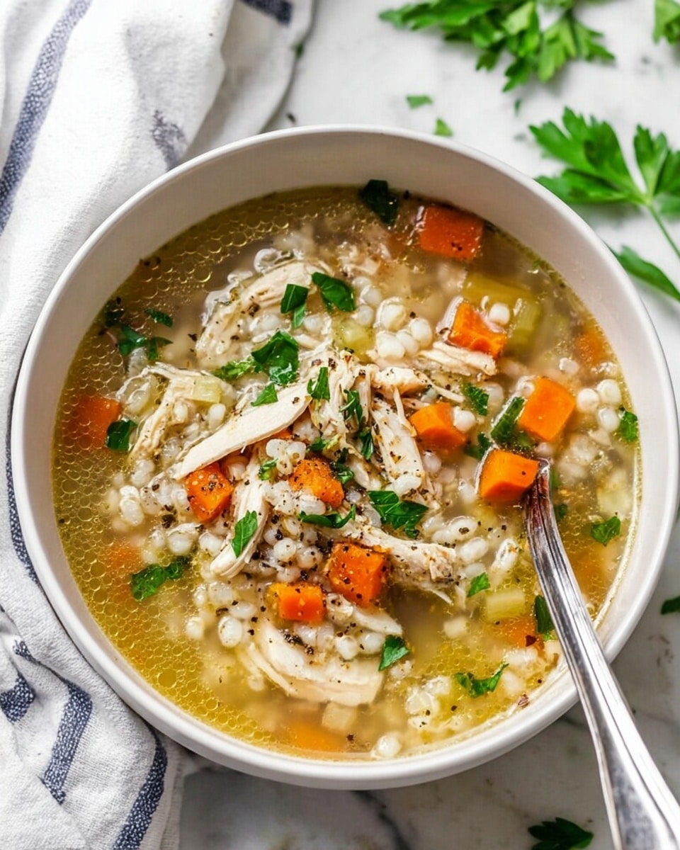 A white bowl filled with clear chicken soup that has three main layers: a base of light golden broth with some small bubbles, a middle layer with shredded white chicken pieces, small orange carrot rounds, pale celery slices, and white pearl barley, all mixed evenly, and a top layer sprinkled with fresh green parsley leaves and cracked black pepper. Inside the bowl, a silver spoon rests partially submerged in the soup. The bowl sits on a white marbled surface with a folded white and blue striped cloth in the background and some fresh green parsley sprigs scattered nearby. Photo taken with an iphone --ar 4:5 --v 7