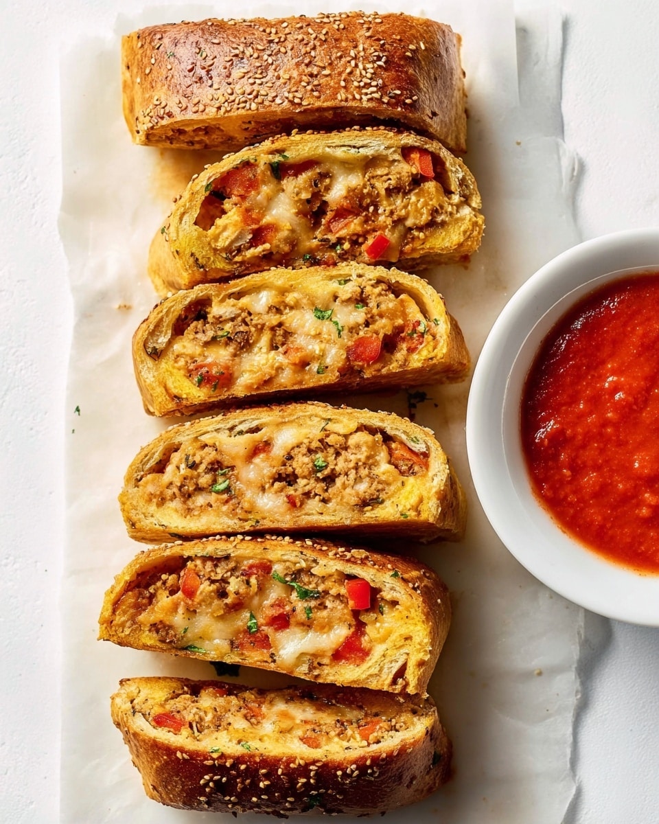 A white marbled surface holds six pieces of a stuffed bread roll, arranged vertically. The bread has a golden brown crust sprinkled with sesame seeds. Inside, there are three visible layers: the outer crust, a filling packed with melted cheese mixed with small pieces of red bell pepper and some herbs, and a slight layer of seasoned ground meat. The texture inside looks soft and creamy with a few herbs sprinkled on top. To the right, there is a white bowl filled with bright red tomato sauce. The photo has a bright and clean look, photo taken with an iphone --ar 4:5 --v 7