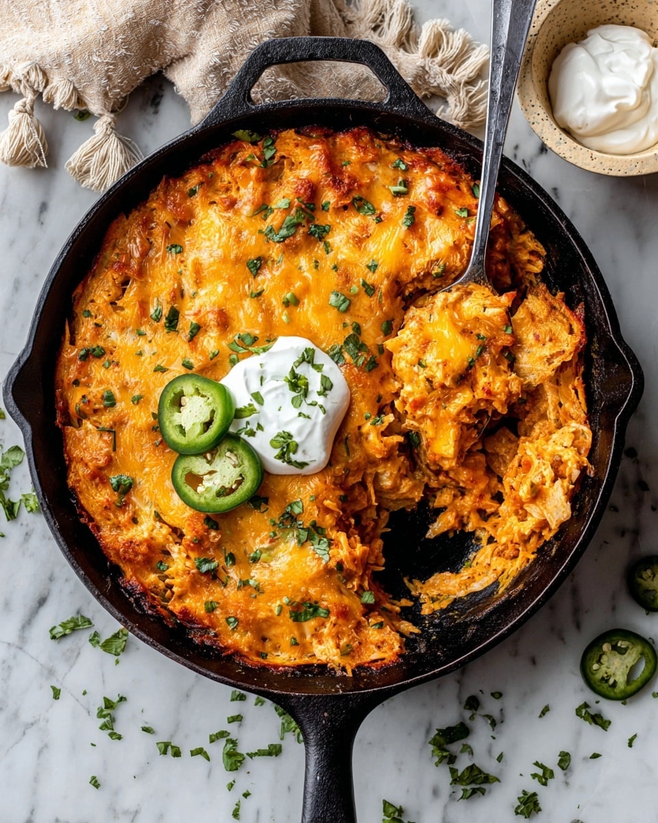 A black cast iron skillet holds a cheesy, orange-tinted casserole topped with melted cheddar cheese and sprinkled with small green herb pieces. There are layers of soft, mixed ingredients visible beneath the cheese, showing a mix of orange and light brown textures. Three slices of green jalapeños lay on one side, near a silver spoon scooping a portion from the skillet. In the center, there is a dollop of white sour cream with small green herb bits on top. Around the skillet, there are scattered green herbs on a white marbled surface, with a small beige bowl filled with more sour cream on the top right. A light cloth with a tassel edge is visible at the top left of the image. Photo taken with an iphone --ar 4:5 --v 7