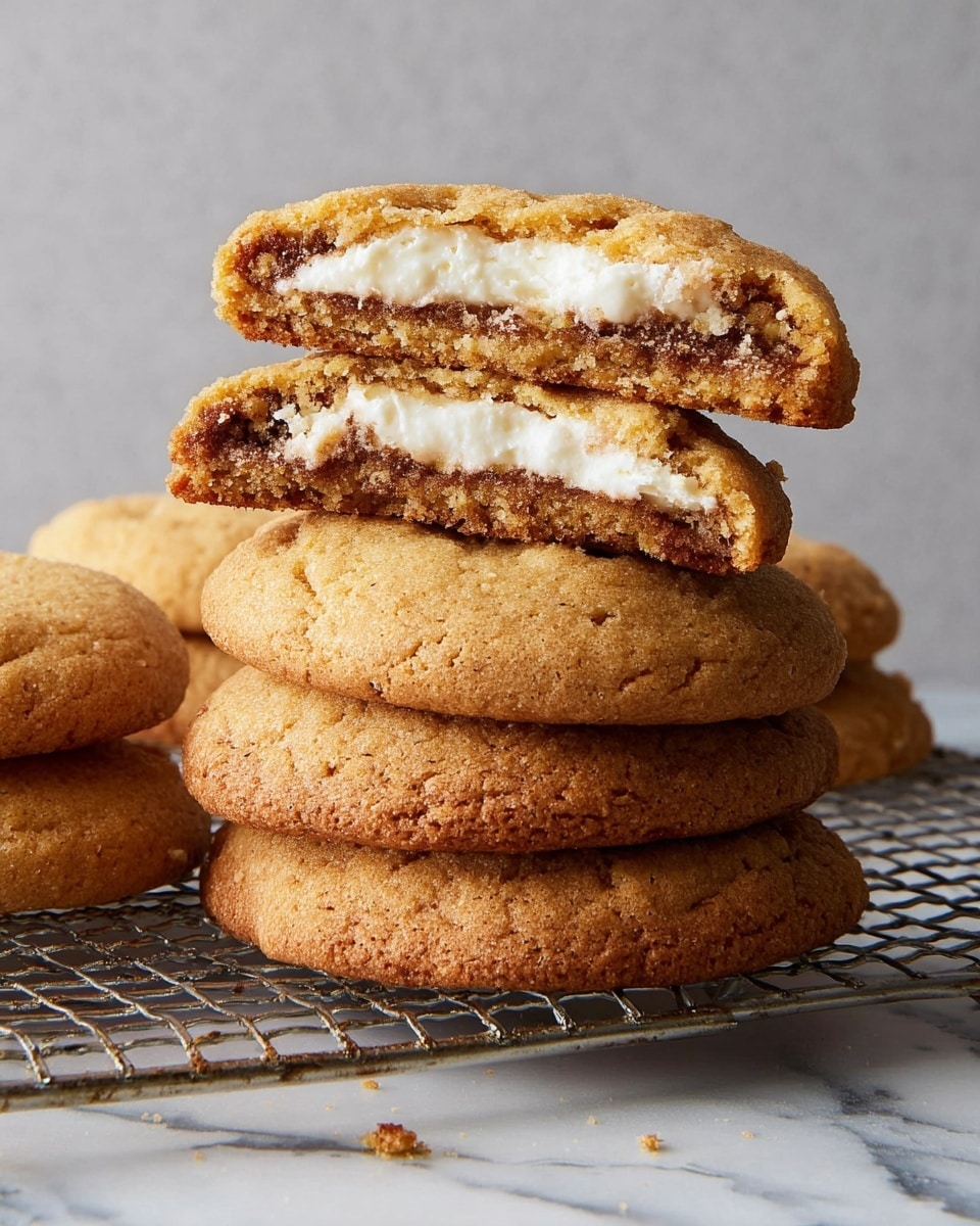 The image shows a stack of five round cookies with a light brown, slightly cracked surface. On top of the pile, there is a cookie broken in half, revealing two layers inside: a thick, crumbly cookie dough layer on the outside with a golden-brown and soft texture, and a creamy white filling layer in the center that looks smooth and dense. The cookies are placed on a white marbled surface with a neutral light gray wall background. Photo taken with an iphone --ar 4:5 --v 7