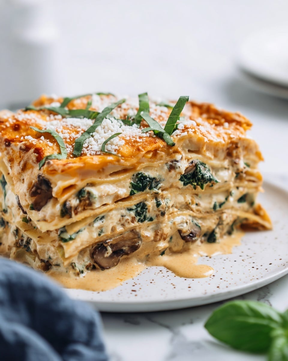 The image shows a close-up of a thick slice of layered lasagna on a white plate with small brown specks, placed on a white marbled surface. The lasagna has five visible layers of pasta sheets, each separated by creamy orange cheese sauce mixed with chopped green spinach and small pieces of brown mushrooms. The top layer is smooth orange cheese sauce sprinkled with fine white cheese crumbs and decorated with thin strips of fresh green basil. A slight sauce spills on the plate next to the lasagna. A blurry blue cloth and a green basil leaf are visible in the foreground. photo taken with an iphone --ar 4:5 --v 7