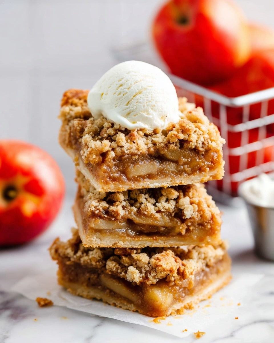 A stack of three thick apple crumble bars rests on a white marbled surface. The bottom layer is a golden-brown crust, firm and slightly crumbly. Above it is a thick middle layer of tender apple pieces coated in a warm cinnamon sauce, showing juicy and soft texture in light golden and amber colors. The top layer is a chunky, brown crumb topping with a rough texture. On top of the stack is a round scoop of white vanilla ice cream. In the background, a blurry wire basket holds bright red apples and a small metal cup with some cream sits to the side. photo taken with an iphone --ar 4:5 --v 7