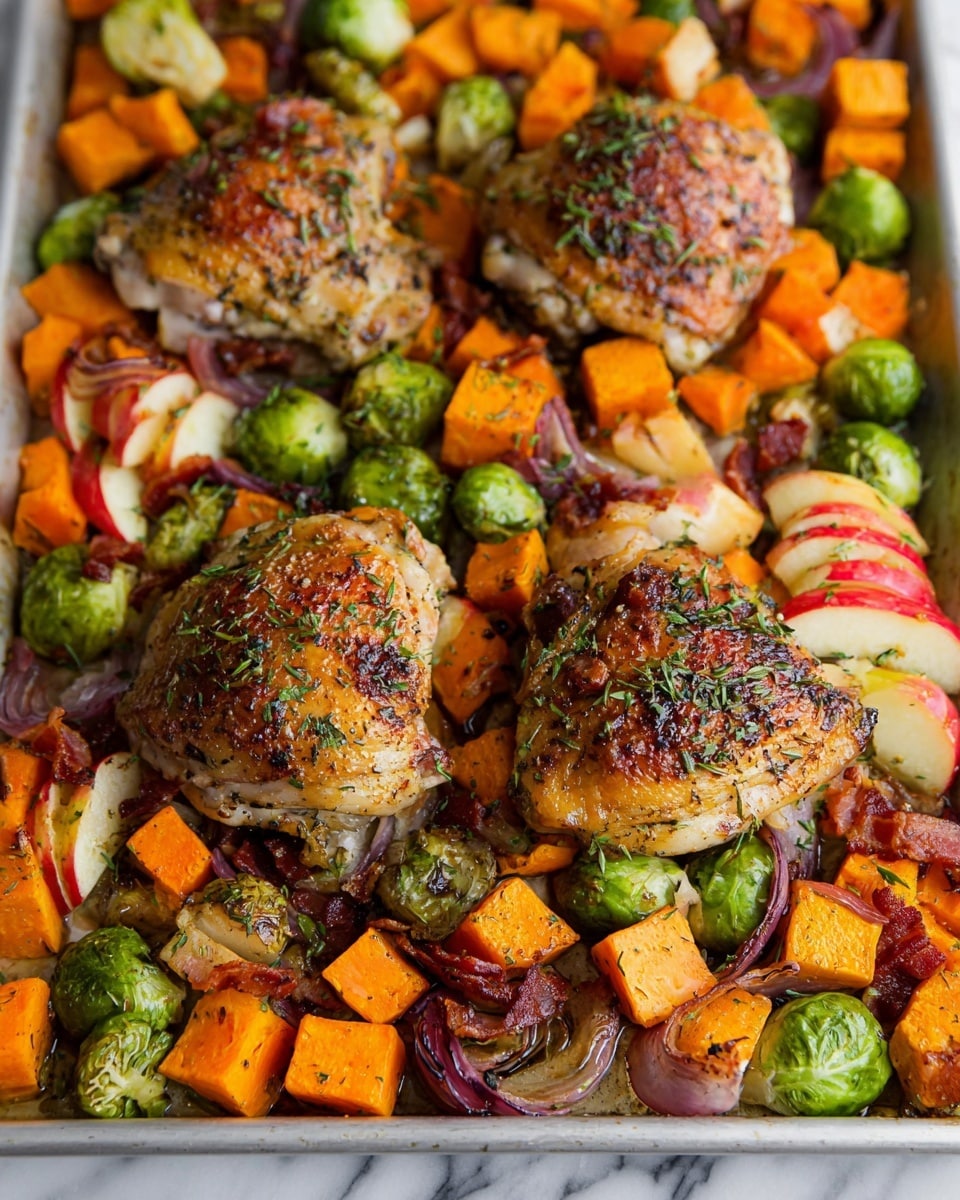 The image shows three cooked chicken thighs with browned, crispy skin sprinkled with herbs, resting on a white marbled surface. Around the chicken thighs are vibrant layers of colorful vegetables and fruits: bright orange cubed sweet potatoes, green halved Brussels sprouts, and red sliced apple wedges with their peel on. There are small pieces of cooked bacon and some caramelized onion slices interspersed throughout the dish. The vegetables and fruits have a slightly roasted texture with some browned edges, making the whole meal look warm and tasty. photo taken with an iphone --ar 4:5 --v 7