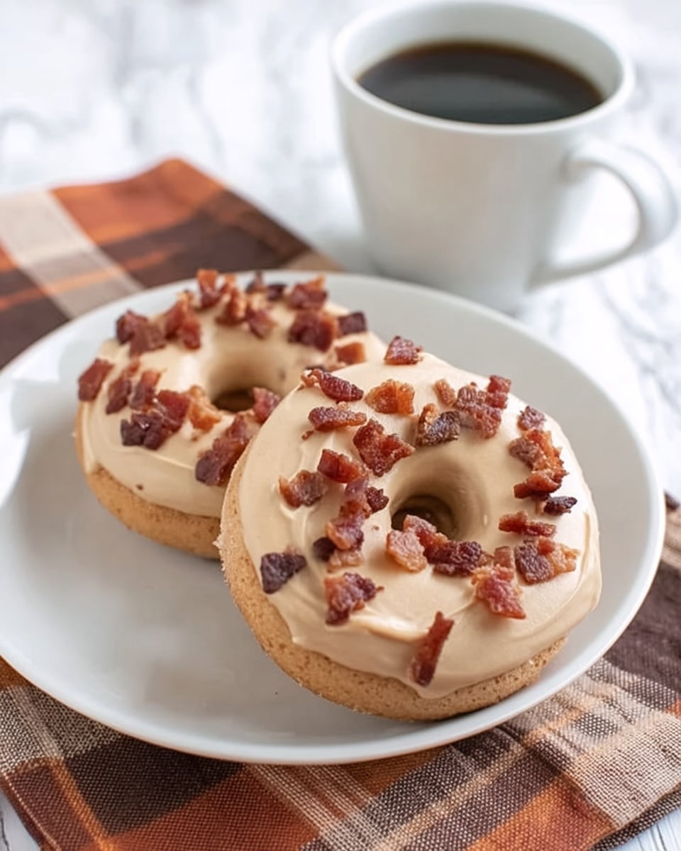 Two doughnuts sit on a white plate on top of a folded orange and beige plaid cloth, all placed on a white marbled surface. Each doughnut has a light brown base layer with a smooth pale cream icing covering the upper surface. Scattered on top of the icing are small, crispy pieces of cooked bacon, adding a reddish-brown textured layer. In the background, there is a white bowl filled with more bacon bits, slightly blurred. The lighting is bright and natural, making the colors soft and inviting. Photo taken with an iphone --ar 4:5 --v 7