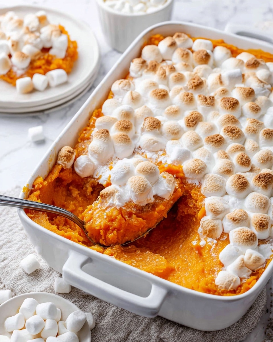 The image shows a white rectangular baking dish with handles, filled with a layered sweet potato casserole. The bottom layer is bright orange mashed sweet potatoes with a smooth but slightly chunky texture. The top layer is covered with small toasted marshmallows that are golden brown and slightly melted, creating a bubbly and soft surface. A large spoon rests inside the dish, scooping out a serving that reveals the contrast between the orange sweet potato layer and the white, fluffy marshmallow topping. In the background, there is a small white bowl of mini marshmallows and a white plate holding a portion of the casserole, all placed on a white marbled surface cloth. The overall scene is bright and inviting, focusing on the warm colors and textures of the dish. photo taken with an iphone --ar 4:5 --v 7