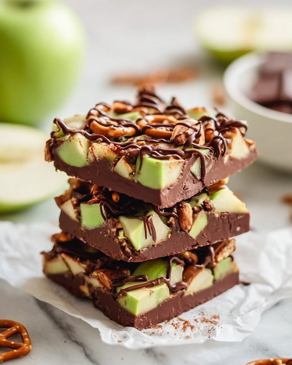 The image shows a stack of three square bars with three layers each. The bottom layer is a dark brown chocolate base with a smooth shine. The middle layer has light green apple chunks and small light brown pretzel pieces scattered unevenly. The top layer is drizzled dark chocolate with gloss that creates thin lines over the apple and pretzels. The bars are placed on white paper on a white marbled surface. In the background, there is a blurred white bowl with chocolate and a partially visible green apple. Photo taken with an iphone --ar 4:5 --v 7